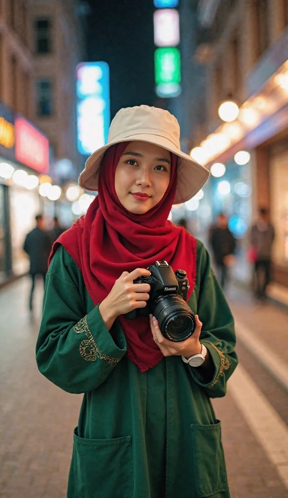 photo of a beautiful slightly fat Asian girl wearing a hijab and black robe, 20 years old, carrying a camera, smiling towards the front, urban view with lots of people passing by, bokeh, focus on her, Fujifilm colour style