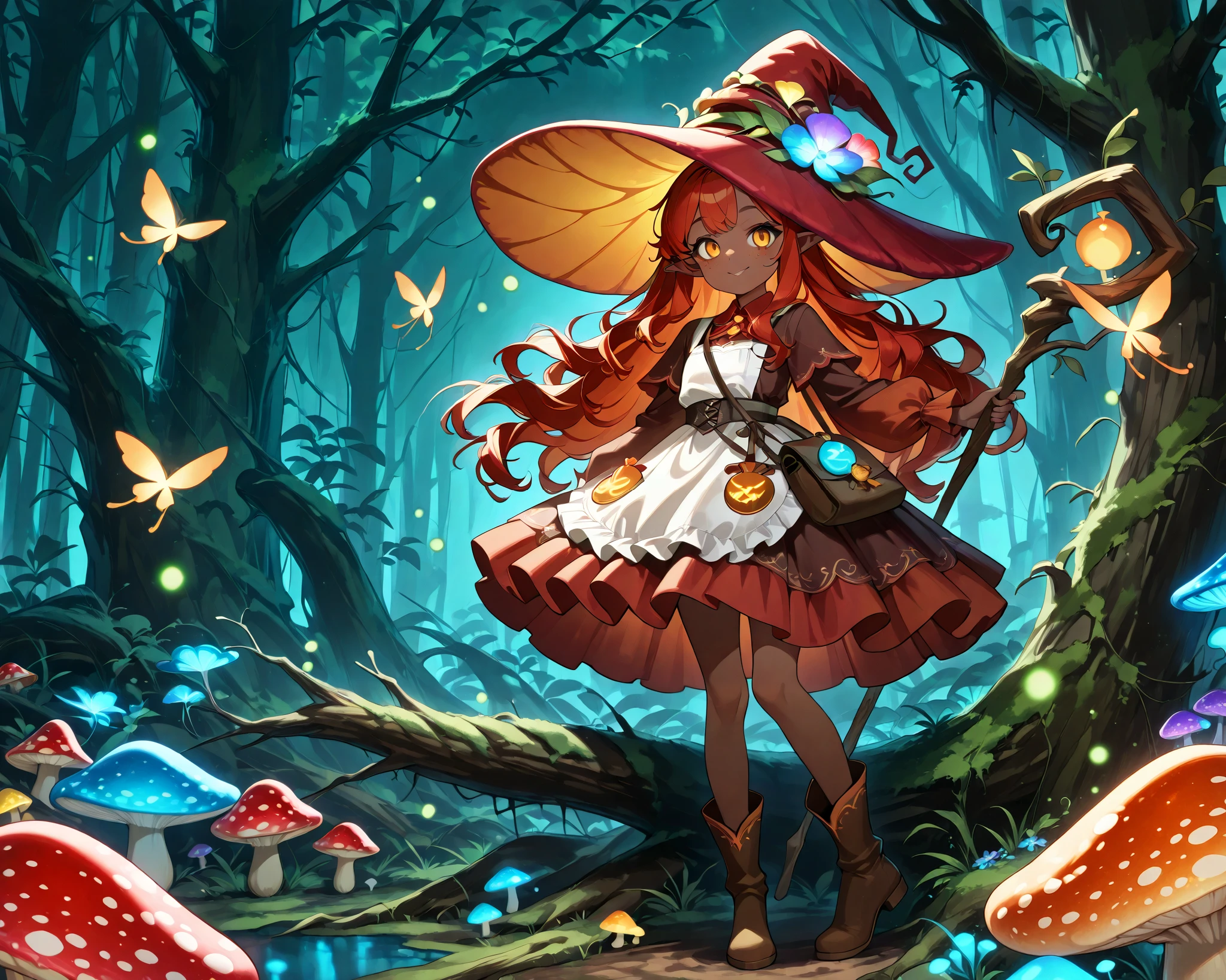a Fungi Witch with tanned dark skin covered with freckles. Long pointy-ears. She has yellow-amber eyes. She has long to her feet loose fiery-red wavy hairstyle. Per witch dressing set: She wears swampy-green medieval dress and an apron with two pockets. she wearing a potion belt,with oakwood-acorn pendants. There is a bag over her shoulder with healing herbs sticking out of it. She has brown pointy-toed witch boots. She wears a red fly Agaric hat on her head. In her hand she holds a staff in the shape of a tree branch overgrown with moss. she slowly walking in the mushroom grove where big mushroom-trees grow everywhere around the blooming swamp, fireflies are flying in the air. Multicolored flowers and mushrooms wich growing around have bioluminescence.