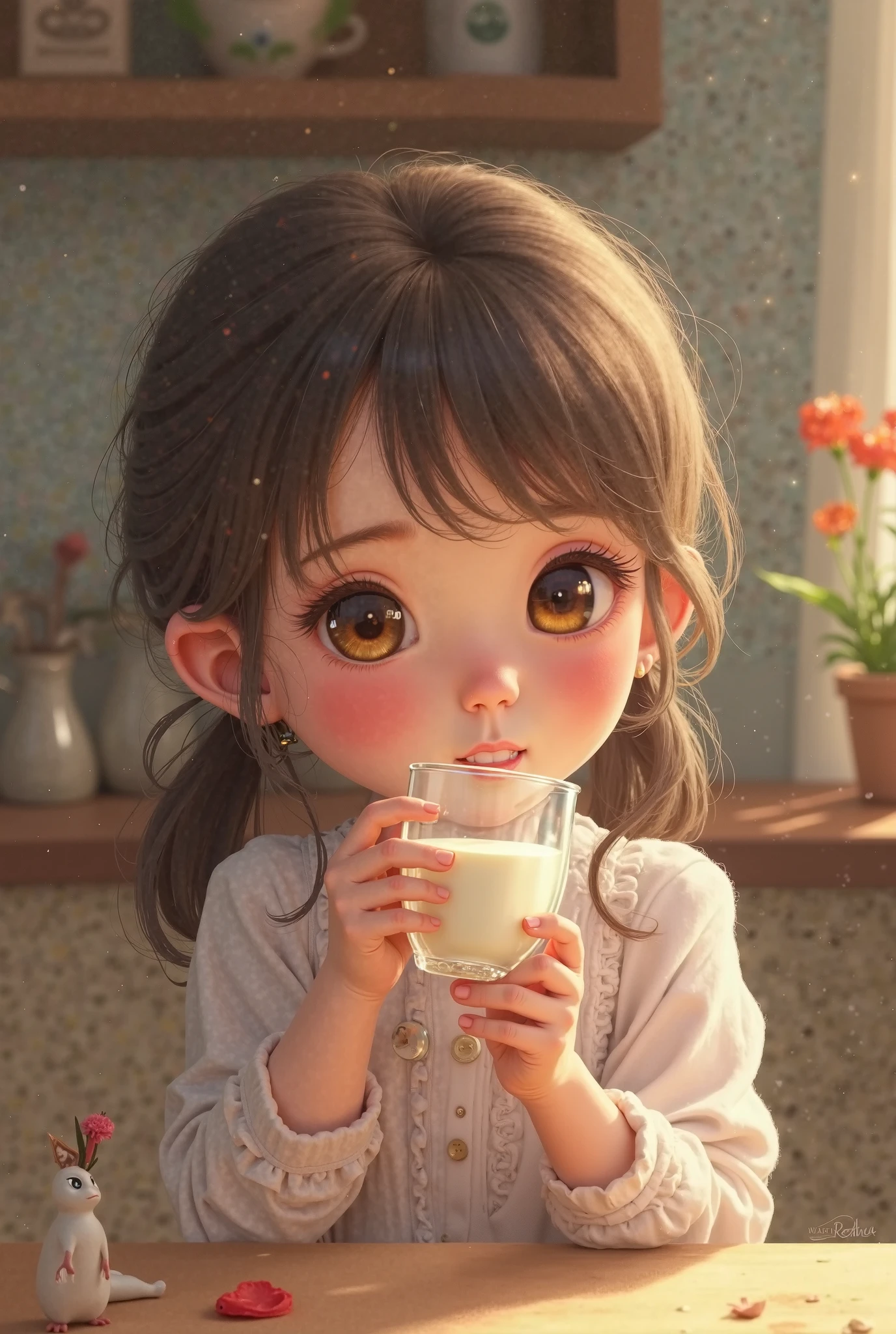 Cute baby drinking milk at small dining table, big eyes, big smile, purple atmosphere, complex background, super wide angle, 8k, HD, realistic, high resolution --auto --s2