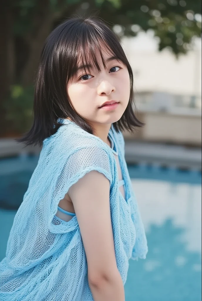 Elementary school student squats in a pond wearing Supergirl clothes.、Be patient with peeing、Spreading black hair、bob cut with trimmed ends、(flat chest)、lolicon、Highest、short sleeve、red cloak、(whole body)、embarrassing、 break, extremely fine transparency, (symmetrical eyes:1.3), break, (In the temple pond:1.3), break, (masterpiece, Highest品質, Super detailed, 8k)、10 years old