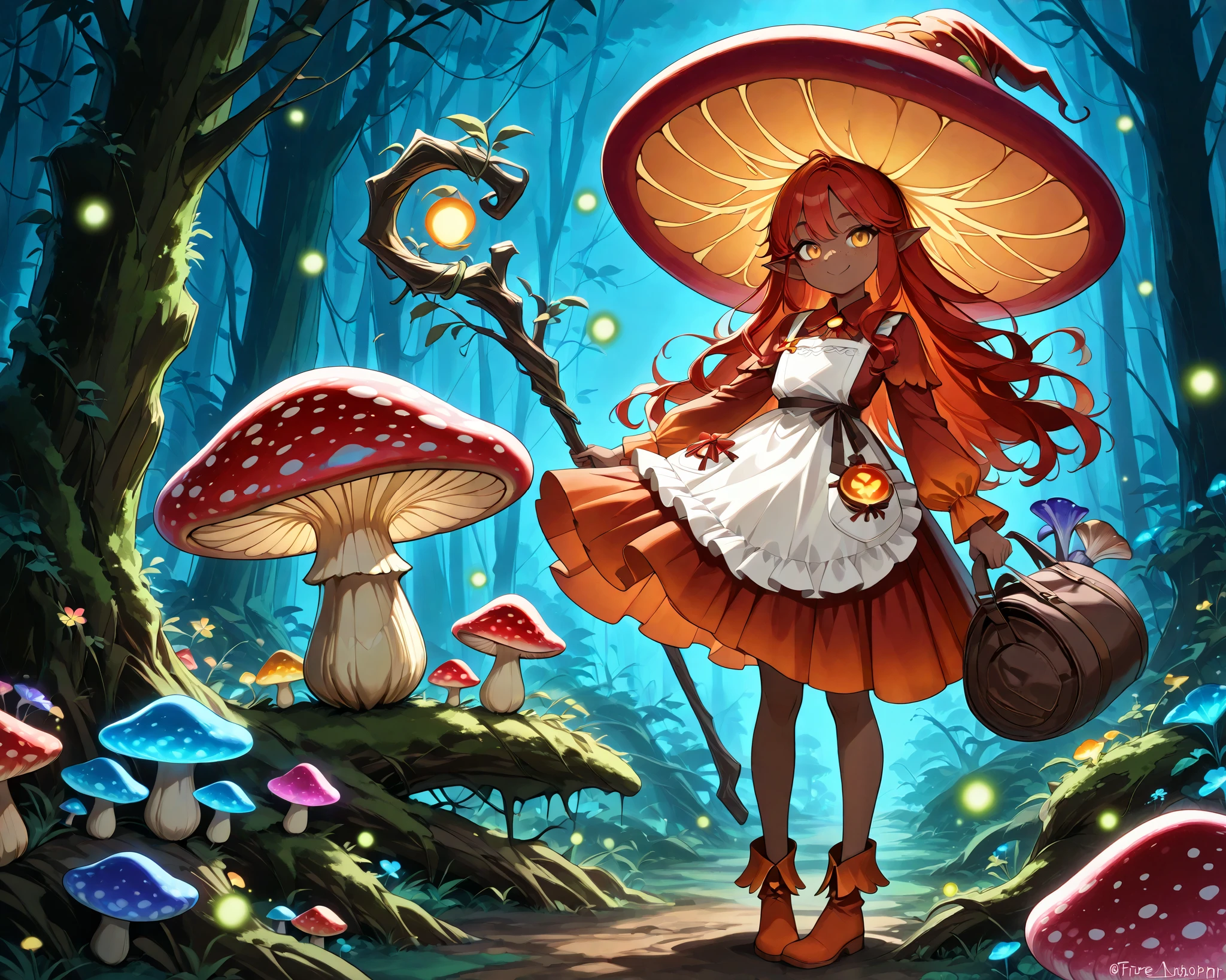  a Fungi Witch with tanned dark skin covered with freckles. Long pointy-ears. She has yellow-amber eyes. She has long to her feet loose fiery-red wavy hairstyle. Per witch dressing set: She wears  swampy-green  medieval dress and an apron with two pockets. she wearing a potion belt,with oakwood-acorn pendants. There is a bag over her shoulder with healing herbs sticking out of it. She has brown pointy-toed witch boots. She wears a red fly Agaric hat on her head. In her hand she holds a staff in the shape of a tree branch overgrown with moss. she slowly walking in the mushroom grove  where big mushroom-trees grow everywhere around the blooming swamp, fireflies are flying in the air. Multicolored flowers and mushrooms wich growing around have bioluminescence.