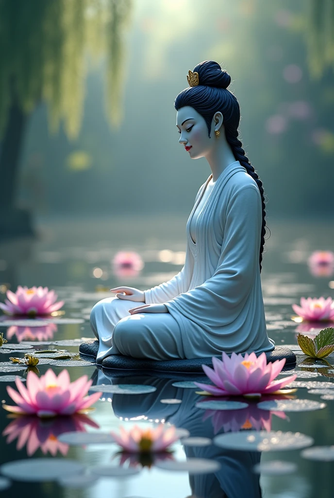 drawing of a beautiful girl wearing a white robe, holding a willow branch and sitting on a pink lotus, she is the reincarnation of Bodhisattva Avalokiteshvara