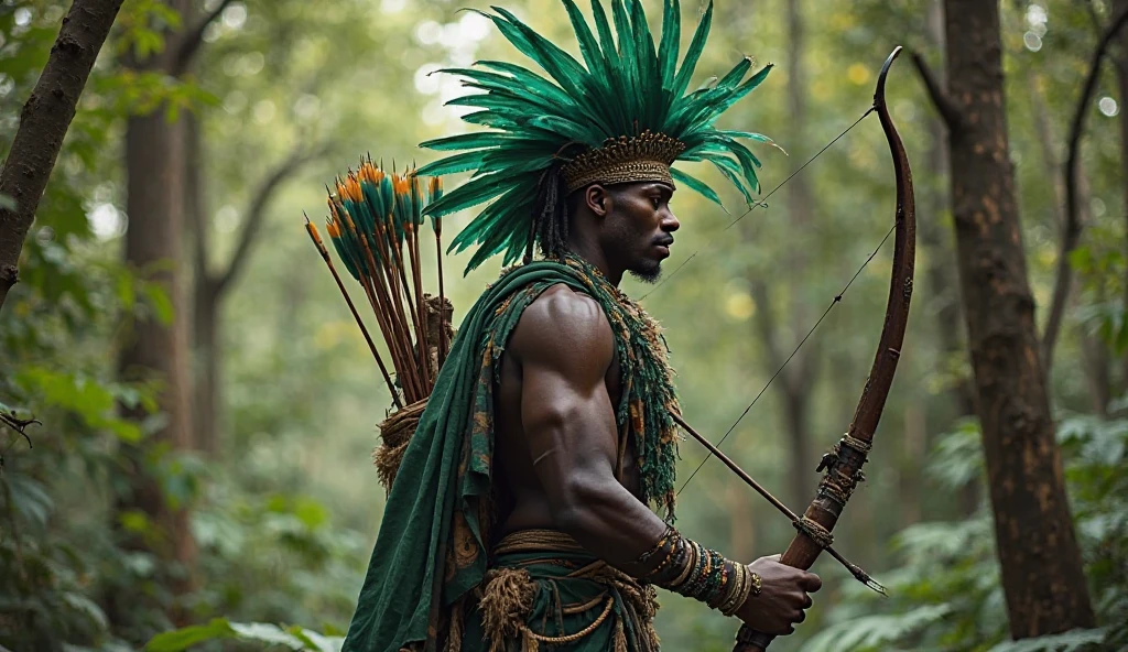 Cinematic hyperrealistic image of a man with a hat, A bow tie and a hat, yoruba body paint, tinta tribal, Guerreiro Maasai, pintura facial tribal, armadura tribal, estilo afrofuturismoo, ESTILO TRIBAL, mistura entre tribal e hi-tech, usando armadura tribal, ayahuasca shaman, maquiagem tribal, afrofuturismo, man holding spear, anthropological photography, Odé, Oxossi, umbanda, umbandista,16k, highes definition, rosto detalhado, rosto detalhado, olhos detalhados, terno detalhado, estilo DC, hiper-realista, + Cinematographic shot + dynamic compositing, incrivelmente detalhado, nitidez, detalhes + detalhes soberbos + noite com luz + perfeccionismo + realismo premiado ((soft-lighting))
