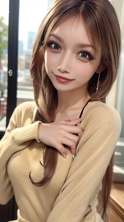 ((highest quality、Masterpiece、High resolution))、(((Zoom photo of upper body)))、(A shy smile:1.2)、One 15-year-old female、Beautiful Skin、Beautiful Eyes、sweater、Trimmed bangs、Blonde Hair