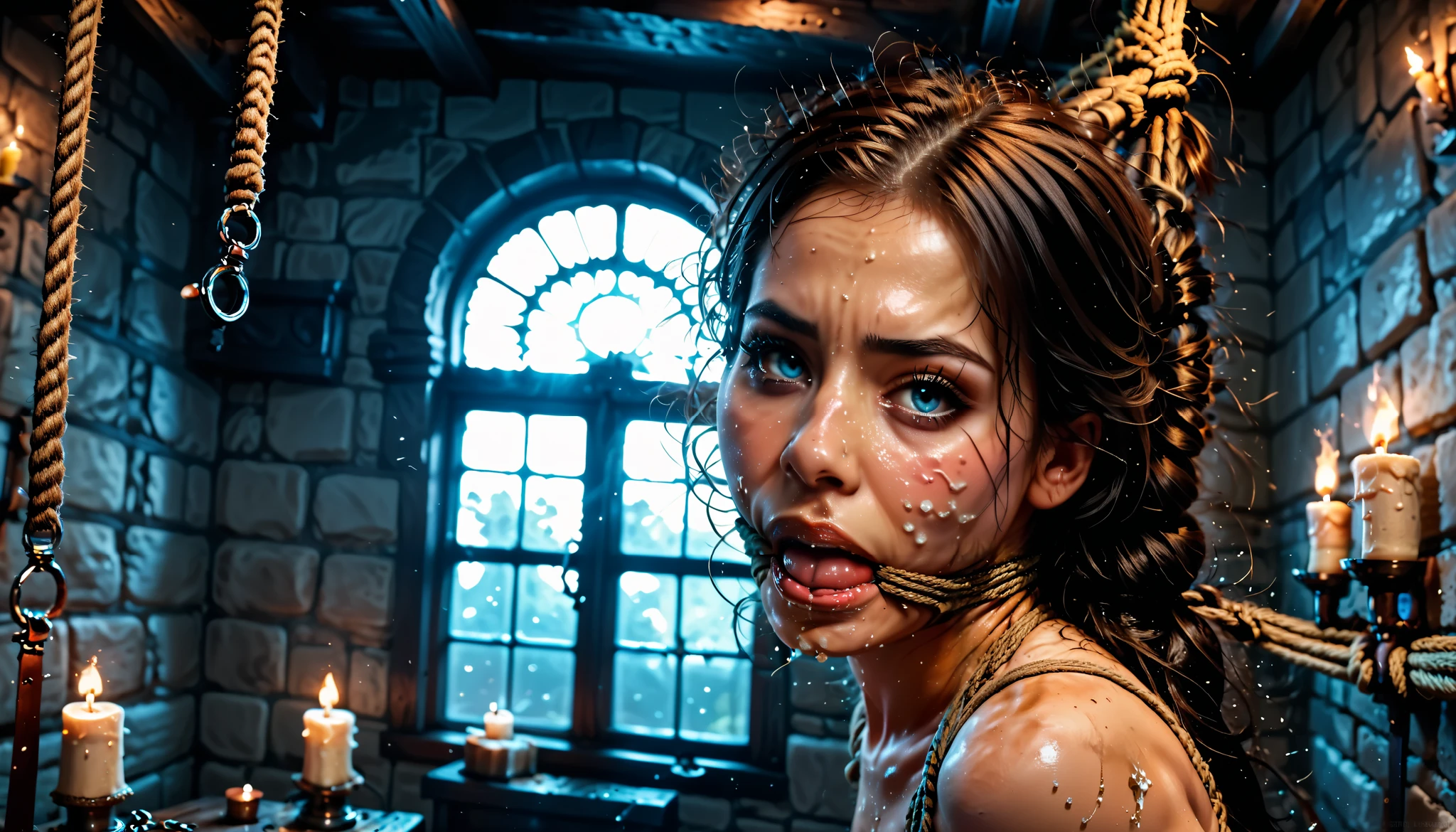sfw,hogtied girl, detailed facial features, restrained posture, fearful expression, struggling against ropes, dark dungeon setting, candles flickering, cobweb-covered walls, dramatic chiaroscuro lighting,gritty horror photography,dark oil painting,4K,HDR,ultra-detailed,realistic,physically-based rendering,extreme detail,vivid colors,moody color palette,sfw
