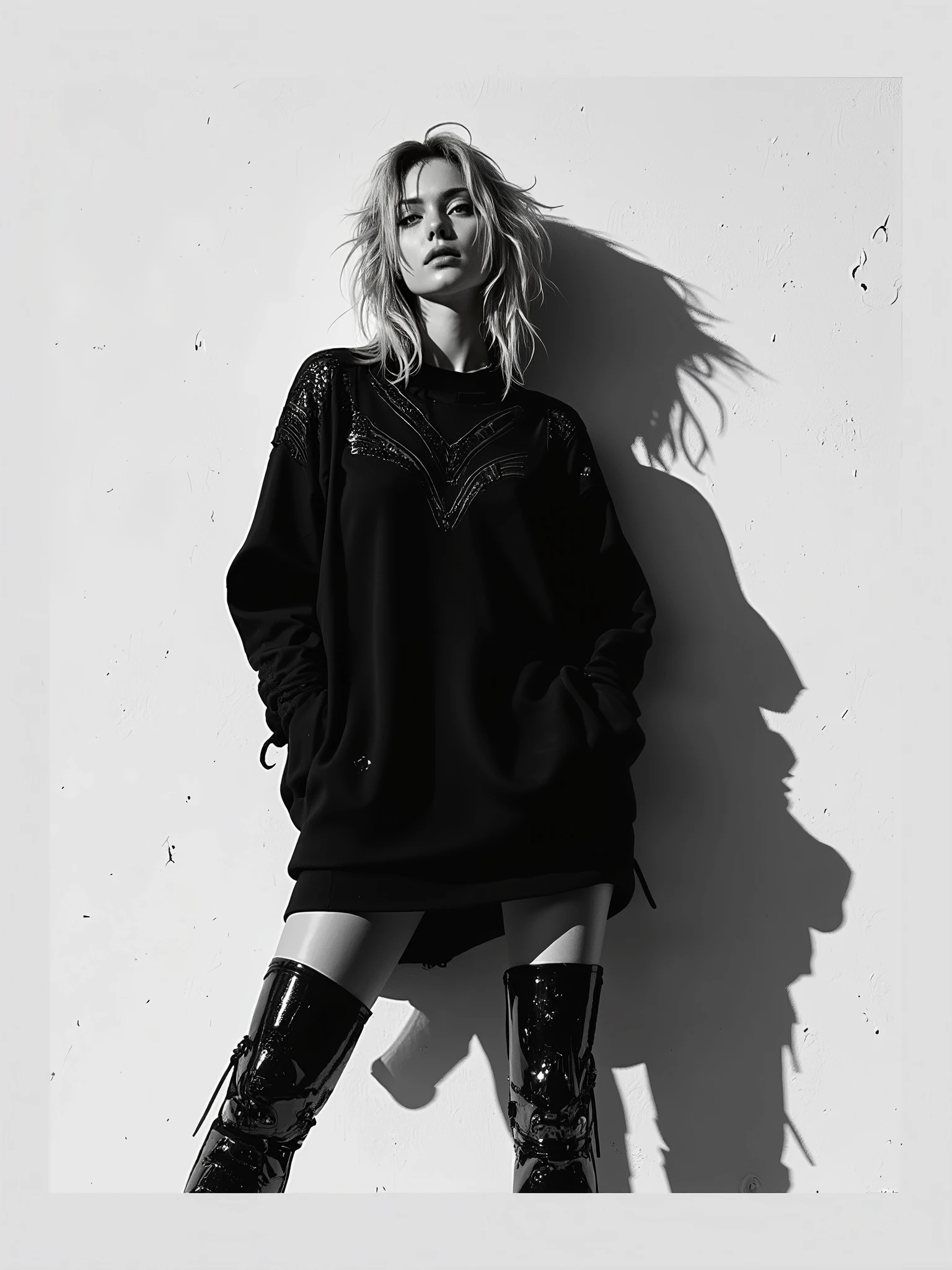 “The Enigmatic Allure of Ditta Vonâge: A Dance of Shadows and Seduction”
A high-contrast, black-and-white portrait of Ditta Vonâge, captured in the raw, untamed essence of an intimate late-night confession. The frame is gritty, drenched in shadow and silvered highlights—moody, cinematic, irresistibly noir. Shot with the brooding elegance of Patrick Demarchelier, the carnal intimacy of Robert Mapplethorpe, and the decadent chaos of Ellen von Unwerth. Every grain, every textured imperfection sings in the cadence of Rollei film stock, evocative of a lost, timeless moment.
She leans—careless yet calculated—against a stark, textured backdrop, the remnants of last night’s hedonism lingering like an unspoken secret. A long, battle-worn vintage leather trench coat drapes over her form, concealing yet hinting, framing her raw sensuality with unapologetic defiance. Her ripped fishnet tights remain—frayed, undone, still clinging to the recklessness of the night before. Legs bare, stretched long in towering, laced-up patent boots, glossed and rebellious, reflecting the softbox glow like an echo of midnight’s mischief.
Her gaze? A smudged, smoky relic of the hours spent in neon-lit indulgence—dark, runny gothic eye makeup, streaked with memories, careless yet deliberate. She is punk and poetry, a bohemian tempest, a rebel’s muse wrapped in the reckless couture of avant-garde surrealism.
The atmosphere is heavy with the echoes of 1990s high fashion editorial grit, the kind that whispered secrets through torn lace and cigarette smoke. Shot in Selenium-toned gelatin silver, each shadow is rich, each highlight crisp, sculpting an intoxicating chiaroscuro of light and darkness. The frame holds a paradox—playful allure and moody melancholy intertwined, an elegant rebellion etched in silver halides.
A campaign for Comme des Garçons, a fleeting moment in the neon-noir dreams of a late-night metropolis—Ditta Vonâge is both the enigma and the answer.