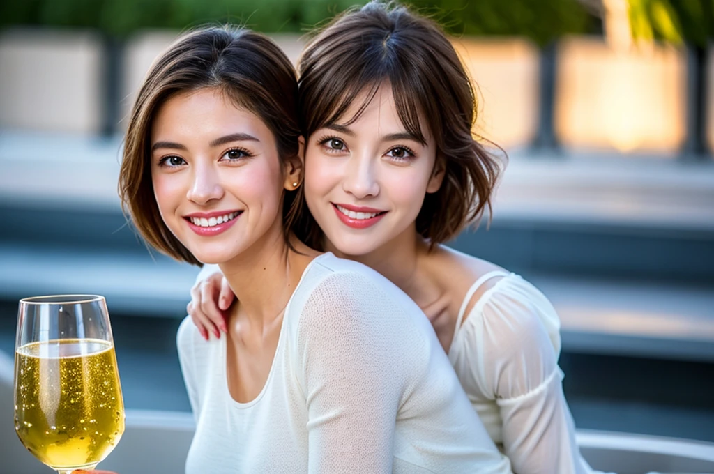 (Realistic:1.1),(masterpiece,Highest quality),8k,(40 years old), 42 years old, slimカップル、Model Couple、actress/actor、Tight waist,Upper Body,full-course dinner、wine 、Amazing view of the sunset sky and clouds、Perfect Anatomy, Brown Hair, short hair,Random Hairstyles,((Highly detailed face and eyes:1.2))(cute顔:1.4),美しいactressの顔,Perfect golden ratio face,Long sleeve shirt、dress,(smile:1.2)、Shortcuts、cute、(Realistic, Intricate details:1.2), A bright smile、short hair,Bright Face、赤wine 、Appetizers、Italian food、wine bottle、Champagne、スパークリングwine、(slimな顔), (The body is slim), (Brown Hair), (Shortcuts), Upper Body, 白wine, slim, wineグラス,