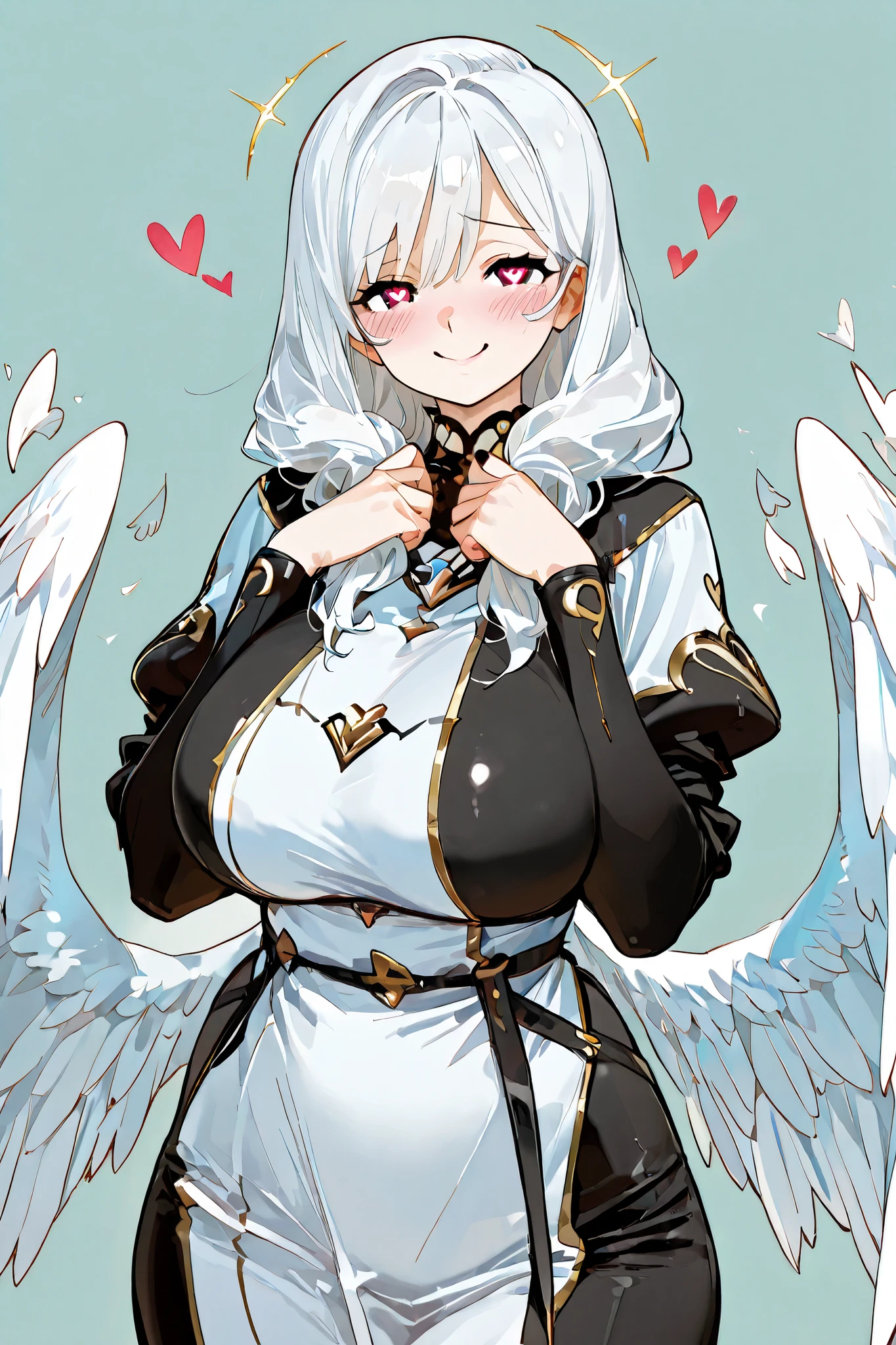 masterpiece, best quality, 1girl,solo, white long hair, smile, blush, Giddy face, milf, aroused face, heart eyes, angle wings, standing, simple background