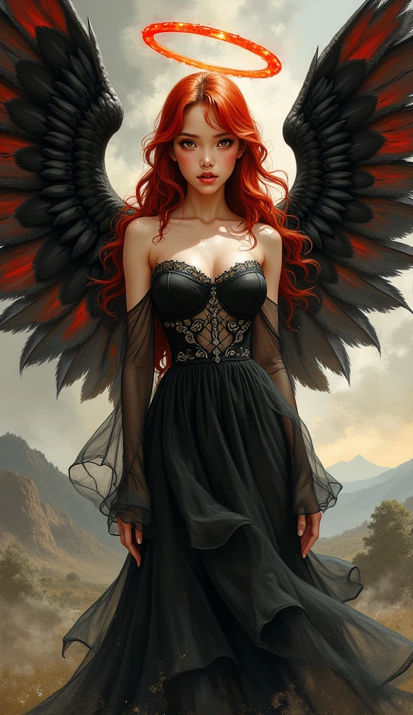 «Photorealistic image of a sultry fallen angel with crimson skin, wild red hair, and large intricate wings spreading out as she floats down ominously through a hellish burnt orange sky overlooking a destroyed apocalyptic cityscape engulfed in the fog of war. Shallow depth of field, detailed textures, dramatic lighting, Canon 5D SR lens, 8K»