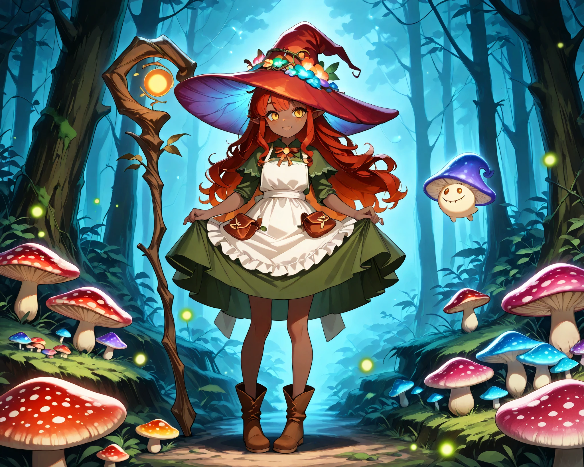 a Fungi Witch with tanned dark skin covered with freckles. Long pointy-ears. She has yellow-amber eyes. She has long to her feet loose fiery-red wavy hairstyle. Per witch dressing set: She wears medieval green dress and an apron with two pockets. she wearing a potion belt,with oakwood-acorn pendants. There is a bag over her shoulder with healing herbs sticking out of it. She has brown pointy-toed witch boots. She wears a red fly Agaric hat on her head. In her hand she holds a staff in the shape of a tree branch overgrown with moss. she slowly walking in the mushroom grove where big mushroom-trees grow everywhere around the blooming swamp, fireflies are flying in the air. Multicolored flowers and mushrooms wich growing around have bioluminescence.
