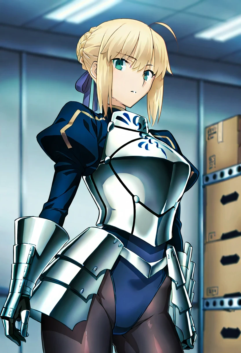 masterpiece、Highest quality、great quality、Hi-Res、very aesthetic、absurd、 latest、scenery、1woman、 artoria pendragon (fate)、 Saber (fate)、Alone、 Gold、 green eyes、braided ponytail、bangs、blue bow in hair、stupid hair、sidelorks hair、hairbun、single hairbun、braid、french braid、Big Breasts、very big breasts、blue leotards that brainwash men、armor、black pantyhose、Gauntlet、armored leotard、breasts armor、leotard sleeve withan puffy sleeve、leotard crotch with an high leg cut、faulds、standing、 dark、night、storage room、inside、upper body、looking at viewer、shiny skin、masterpiece、Highest quality、great quality、Hi-Res、very aesthetic、absurd、 latest、scenery、
