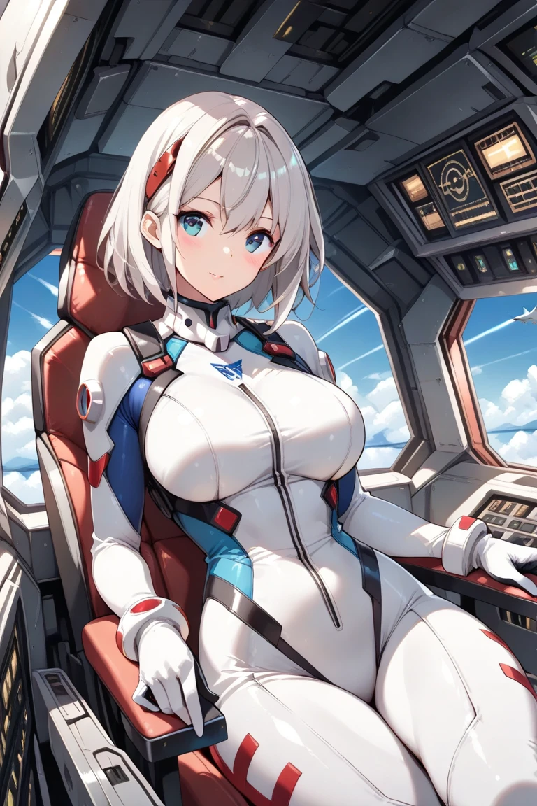 concept art, beautiful anime scene, Beautiful anime scenery, best quality, masterpiece,BREAK 1 Girl's bust shot, Have silver hair, red eyes, very short hair, Braid, angry,Screaming with open mouth,Black bodysuit with red accents, No sleeve,pilot suit, leotard, tights, headphones, big breasts,BREAK Sitting in the cockpit and piloting the vehicle,outer space,Mscockpit