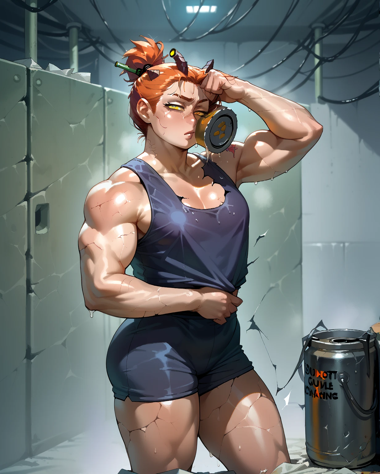 masterpiece, best quality:1.2), ((muscular:1.5)) ((female:1.5)),black nurse, 1girl, black nurse cap, black wear, ((black legwear, zettai ryouiki)), black elbow gloves, very short hair, orange hair, ((black surgical mask, covered nose)), standing, ((surgery room)), sharp outline, short sleeves, tomboy, boyish, best quality, masterpiece