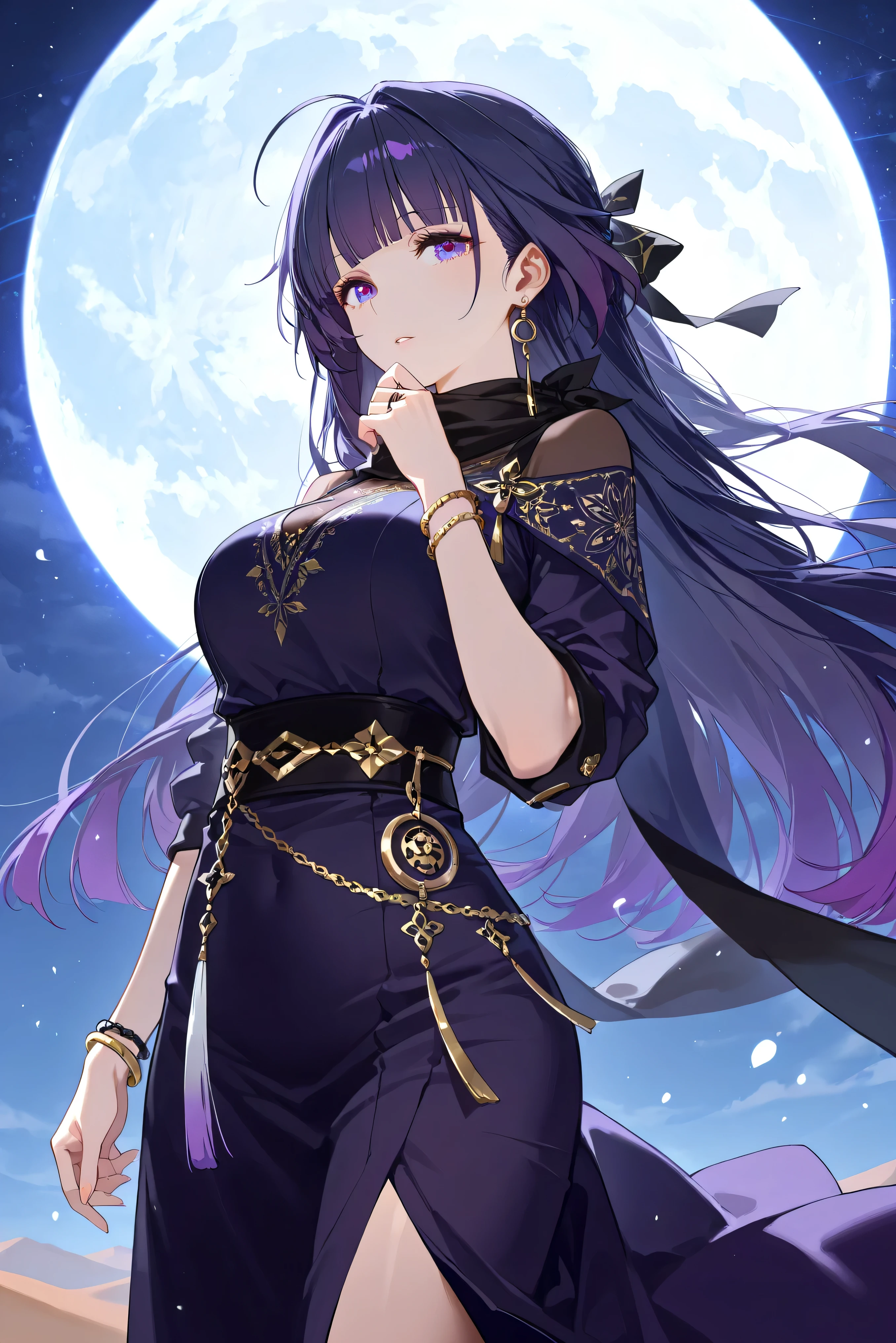 score_9, score_8_up, score_7_up, masterpiece, best quality, very aesthetic, absurdres, tunning image, light particles, attractive image, solo, 1girl, adult grown woman, raiden mei, long hair, purple hair, bangs, purple eyes, blunt bangs, bangs, gradient hair, hair ribbon, masterpiece,best quality,amazing quality, 5 fingers, alternate costume, An anime character in a Moonlit Desert Wanderer outfit, wearing a flowing layered robe with intricate celestial embroidery and shimmering gold threadwork. Beneath, a fitted tunic adds a structured silhouette, while a long scarf drapes around their shoulders, catching the wind for a dynamic effect. Elegant accessories like delicate bracelets and gemstone rings enhance the mystical aura. Standing in the vast desert under a breathtaking starlit sky, illuminated by the soft glow of a full moon, their gaze holds a quiet, mysterious wisdom