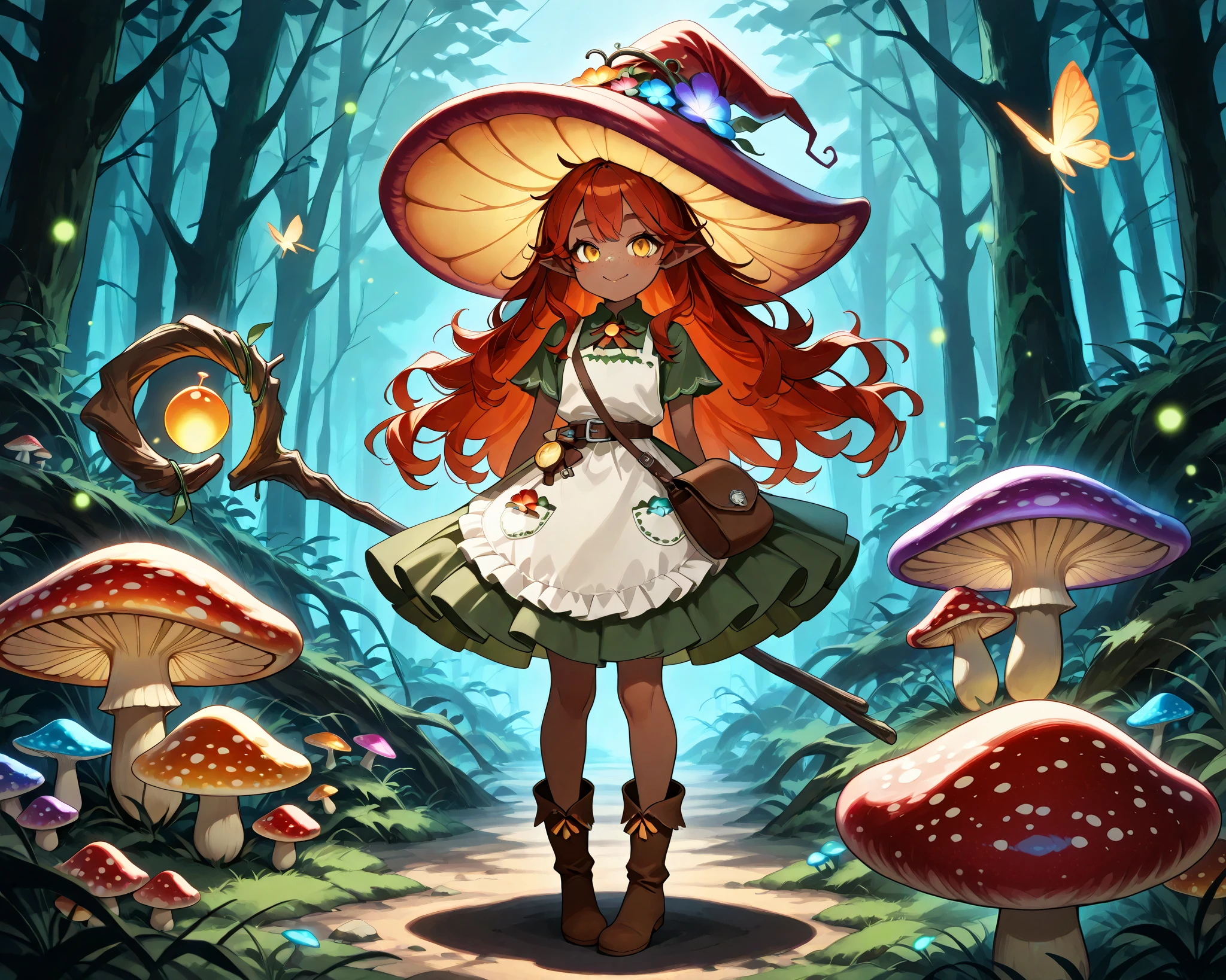 a Fungi Witch with tanned dark skin covered with freckles. Long pointy-ears. She has yellow-amber eyes. She has long to her feet loose fiery-red wavy hairstyle. Per witch dressing set: She wears medieval green dress and an apron with two pockets. she wearing a potion belt,with oakwood-acorn pendants. There is a bag over her shoulder with healing herbs sticking out of it. She has brown pointy-toed witch boots. She wears a red fly Agaric hat on her head. In her hand she holds a staff in the shape of a tree branch overgrown with moss. she slowly walking in the mushroom grove where big mushroom-trees grow everywhere around the blooming swamp, fireflies are flying in the air. Multicolored flowers and mushrooms wich growing around have bioluminescence.