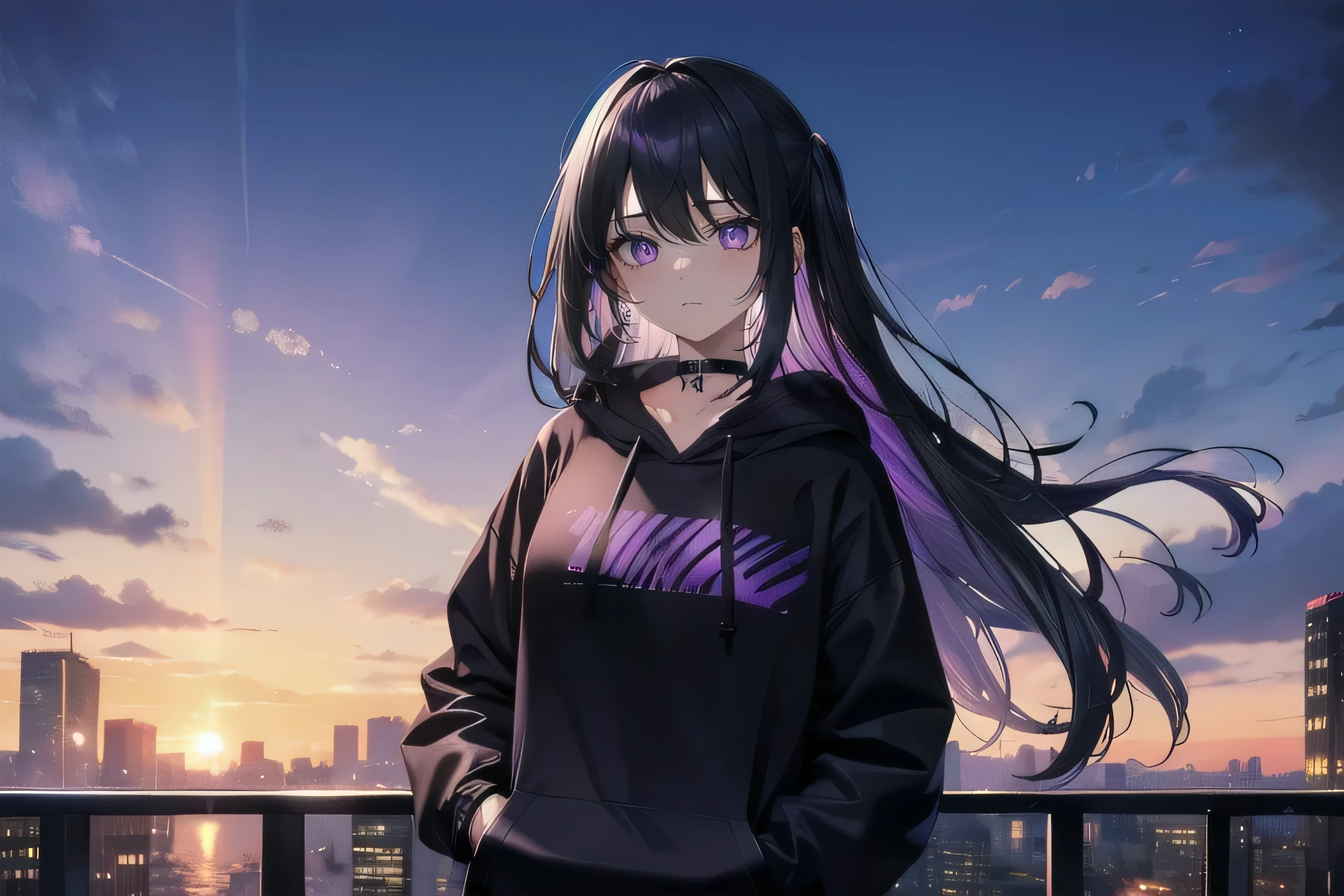 (masterpiece), (best quality), ultra detailed, finely detailed color, cenematic painting, bishoujo, model, ((one lady)), 20 years old, cute face, black hair, absurdly long hair, straight hair, (violet eyes:1.2), purple eyes, standing, chocker, ((black hoodie)), long jeans, inexpressive, slender body, small chest, urban, rooftop, city, sunset, evening, dusk, vesper, twilight