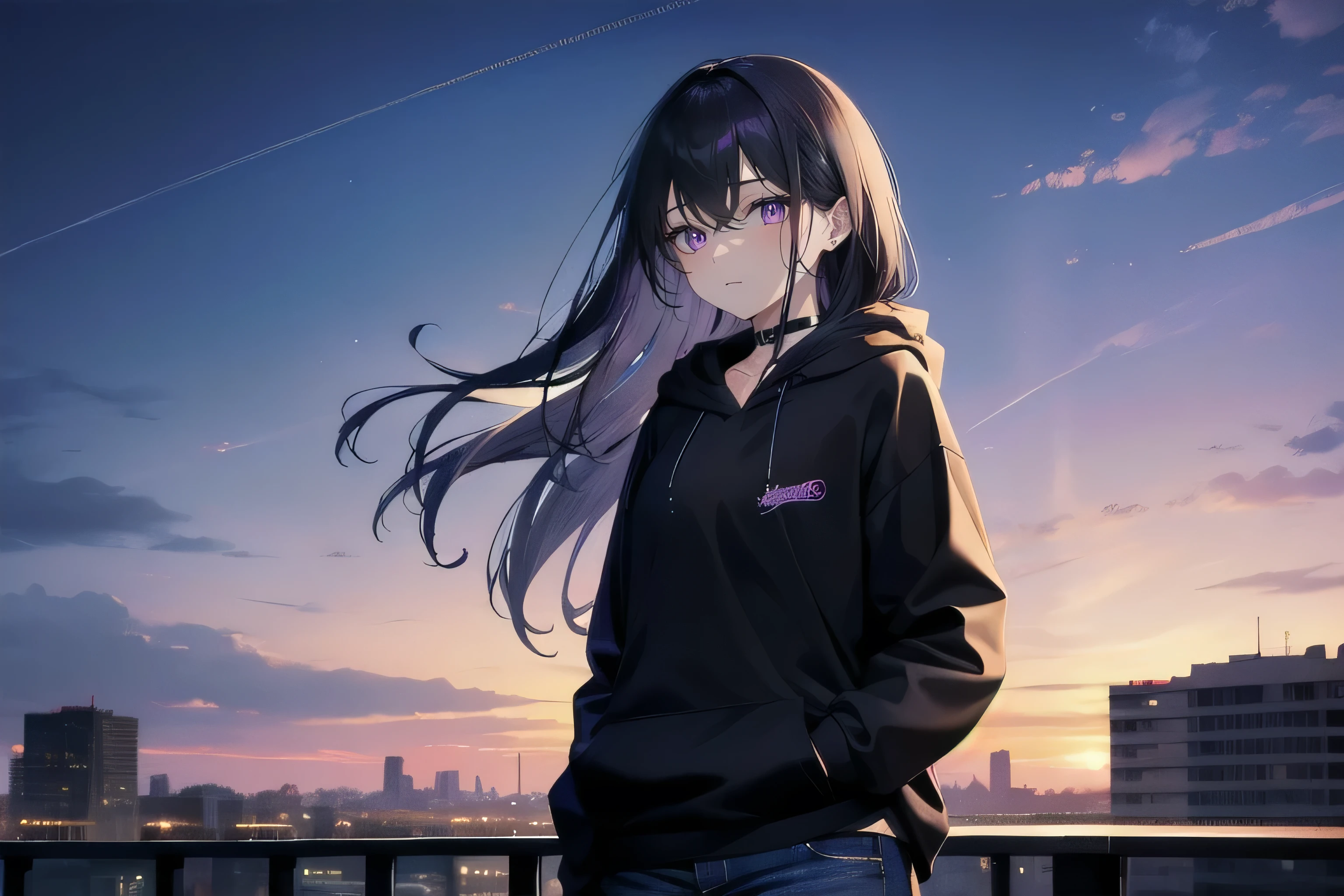 (masterpiece), (best quality), ultra detailed, finely detailed color, cenematic painting, bishoujo, model, ((one lady)), 20 years old, cute face, black hair, absurdly long hair, straight hair, (violet eyes:1.2), purple eyes, standing, chocker, ((black hoodie)), long jeans, inexpressive, slender body, small chest, urban, rooftop, city, sunset, evening, dusk, vesper, twilight