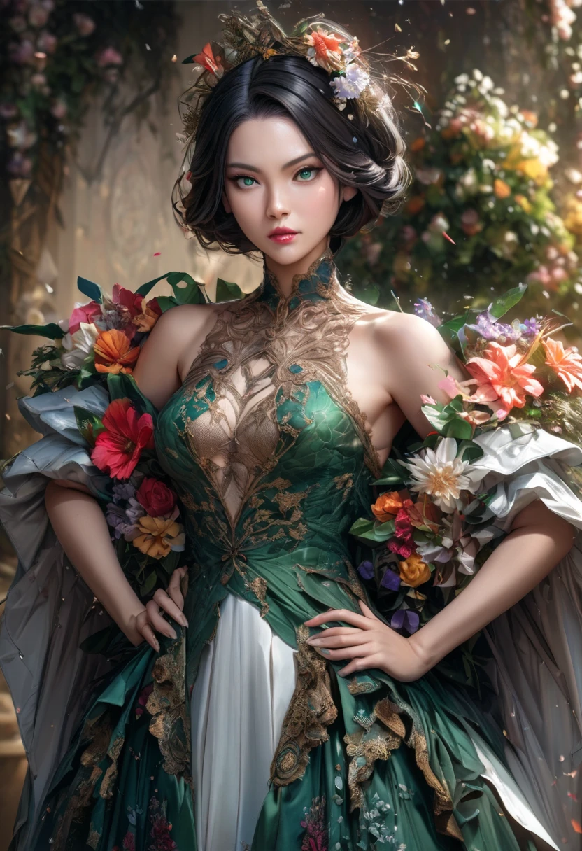 slow photo exposure image of a {1elven stunning pose, pop out from a giant tulip petal, photo_model pose, haute couture royal regalia, front head necklace pendant, perfect proportional anatomy, UHD, intricate detailed, 8k, best quality ever, masterpiece, super detailed, unleashed creativity, beyond imagination, dramatic light, gradient motion color background}, rough, massive tulps all over the background, weathered and textured, slow shutter speed motion photography, shot on Fuji Film XT4 camera f/1.5. ISO 200