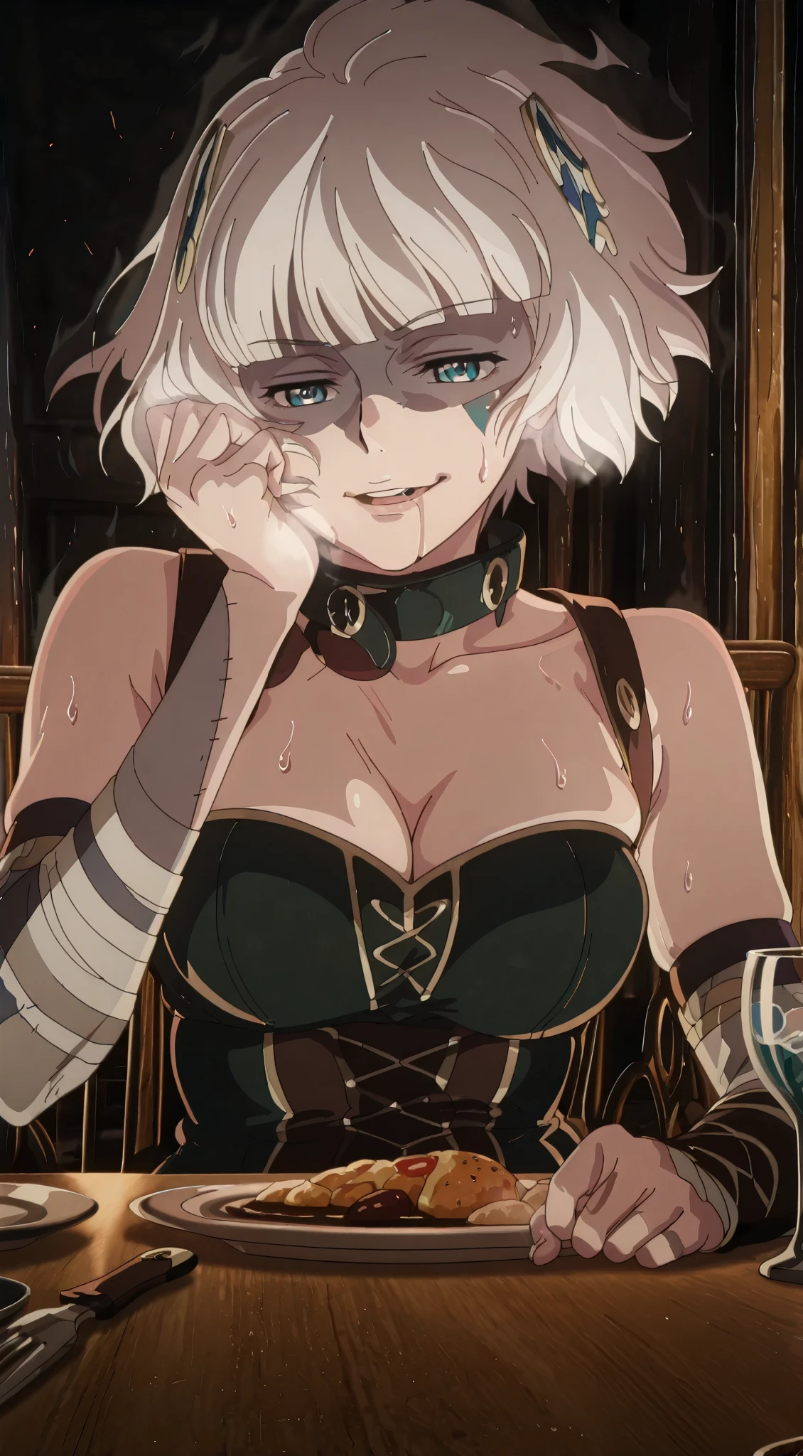 twotr, anime coloring, anime-style, anime screencap, detailed background, vignetting, masterpiece, high quality, absurdres, best quality, very aesthetic, newest, dynamic composition, anatomical correct, HD, 4K, digital art, trending on ArtStation, perfect body, perfect eyes, perfect fingers, gasping, heavy breathing, excessive sweating, sweating, sweating profusely, gasping profusely, cinematic, ((skindentation)), ((voluptuous)), meteora osterreich, white hair, short hair, blunt bangs, hair ornament, blue eyes, bright pupils, ((white outline)), (aura), (black aura:1.2), 1girl, stitches, breasts, fork, solo, cleavage, smirk, looking_at_viewer, food, scar, knife, patchwork_skin, sitting, plate, collar, stitched_face, object_through_head, table, cup, bare_shoulders, zombie, parted lips, drooling, saliva, shaded face, upper teeth, hand_on_own_face, drinking_glass, corset, bandages