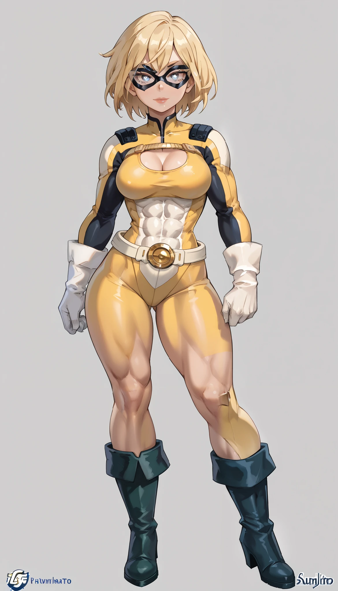 (My Hero Academia Style), (High Quality), 1Girl, Solo, Anthro, Young Girl, , (blond hair), (yellow hero suit on the super part and black on the lower part), (Yellow top hero suit with white lines), (U logo on white chest), (U logo on the chest), (black lower hero suit with white lines), (white gloves and boots), (gold belt with a U logo on the buckle), (medium breasts), (wide calves), (wide hips), (wide thighs), (slender waist), Abs, (perfect anatomy), (perfect hands), (super detailed), (simple background) ((Perfect face)), (Black domino mask with white eyes), (black domino mask), (white eyes), ((eyewear)), (looking at viewer), (full body photo:1.5), 