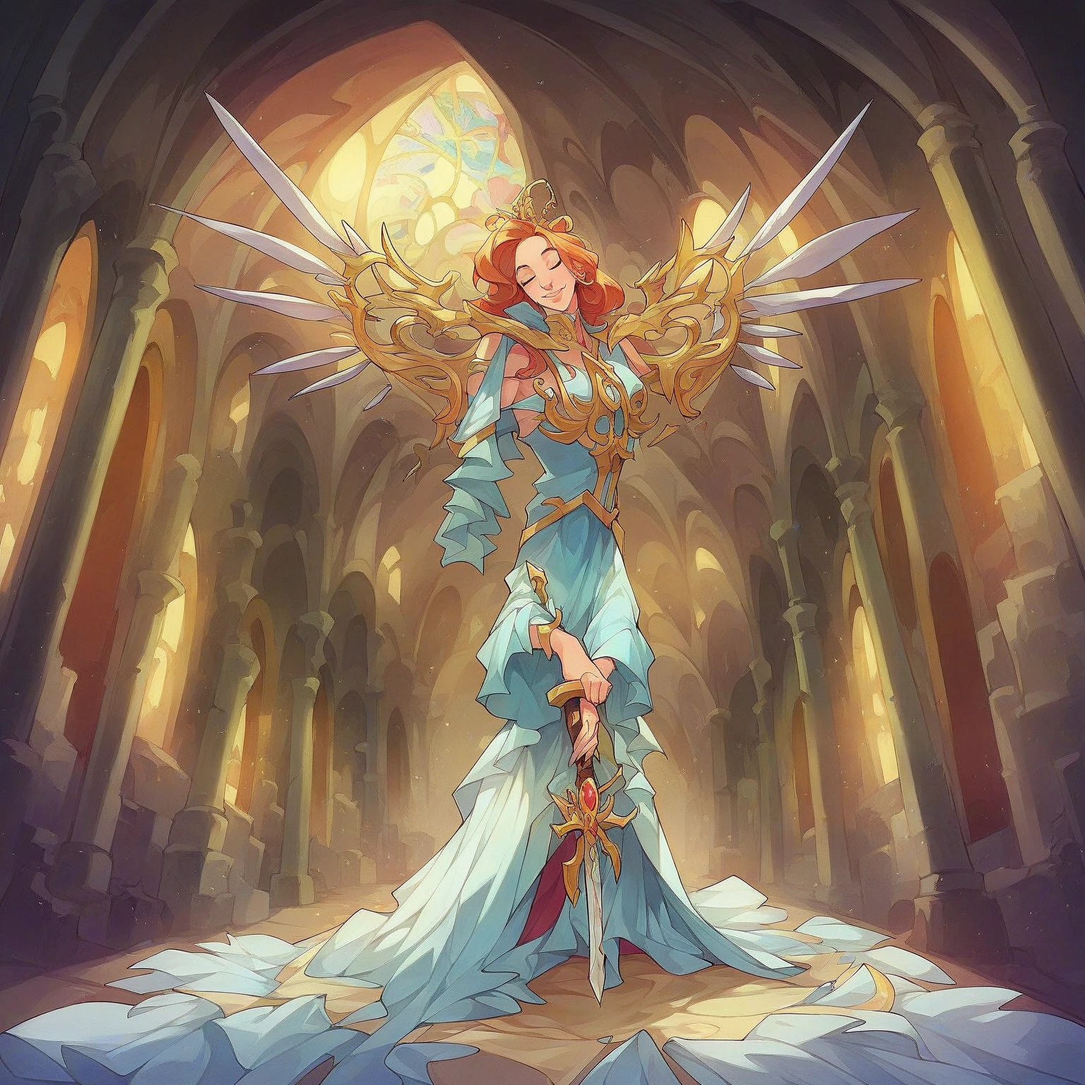 masterpiece, Highest quality, indoors, cinematic lighting with heart on the left, amazing image quality, very aesthetic, Absard Dress, Highest quality, latest, 2023, Cutie Honey, MAIN OUTFIT, Alone, looking towards the viewer, smile, holding, closed my mouth, arms, sword, holding arms, holding sword, squats , Central opening, Rapier, indoors, Ruins,