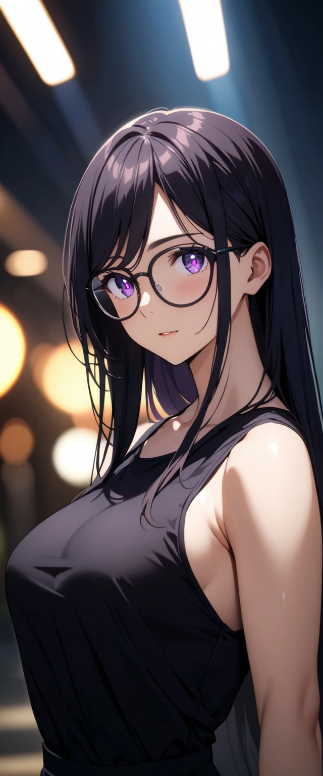 Hizuru Minakata, 1girl, black hair, long hair, shiny and well-defined hair strands, very detailed, beautiful attention to detail, purple eyes, detailed reflective eyes, perfect facial symmetry, radiant skin glow, beautiful breasts, wearing a black jacket, black tank top, black trousers, suit, glasses, black rim glasses, high quality, high resolution, masterpiece, intricate details, cinematic lighting, soft shadow, bokeh background, professional photography, award-winning
