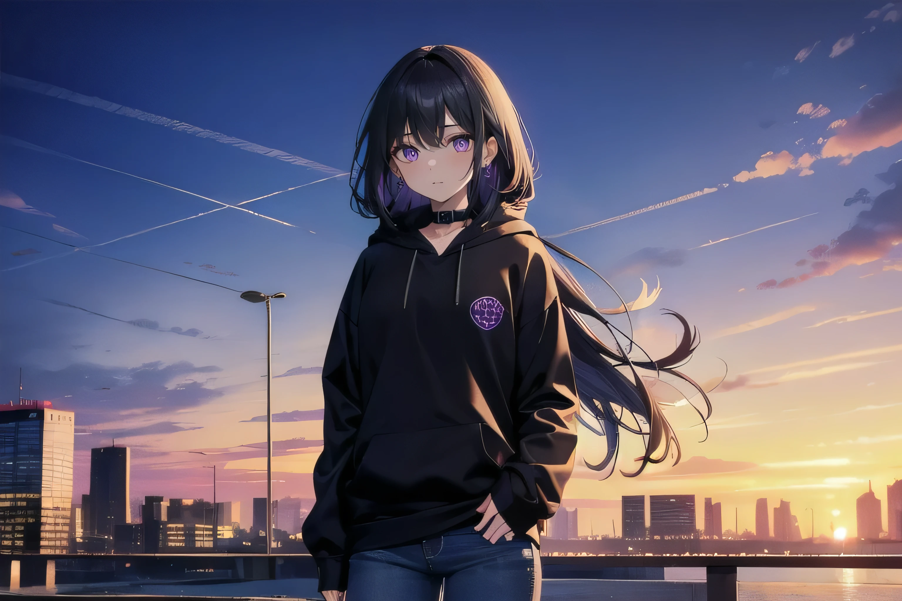 (masterpiece), (best quality), ultra detailed, finely detailed color, cenematic painting, bishoujo, model, ((one lady)), 20 years old, cute face, black hair, absurdly long hair, straight hair, (violet eyes:1.2), purple eyes, standing, chocker, ((black hoodie)), long jeans, inexpressive, slender body, small chest, urban, rooftop, city, sunset, evening, dusk, vesper, twilight