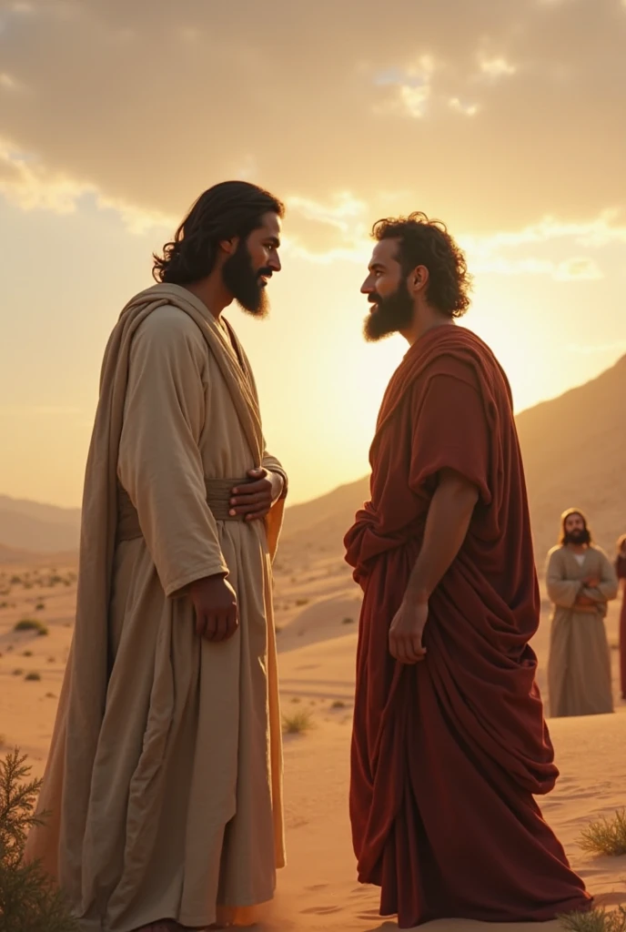 Joseph reuniting with his brothers in an emotional setting, mixing joy and forgiveness. The background is a landscape of Egypt, with the Nile in the distance. Facial expressions should capture the complexity of emotions.