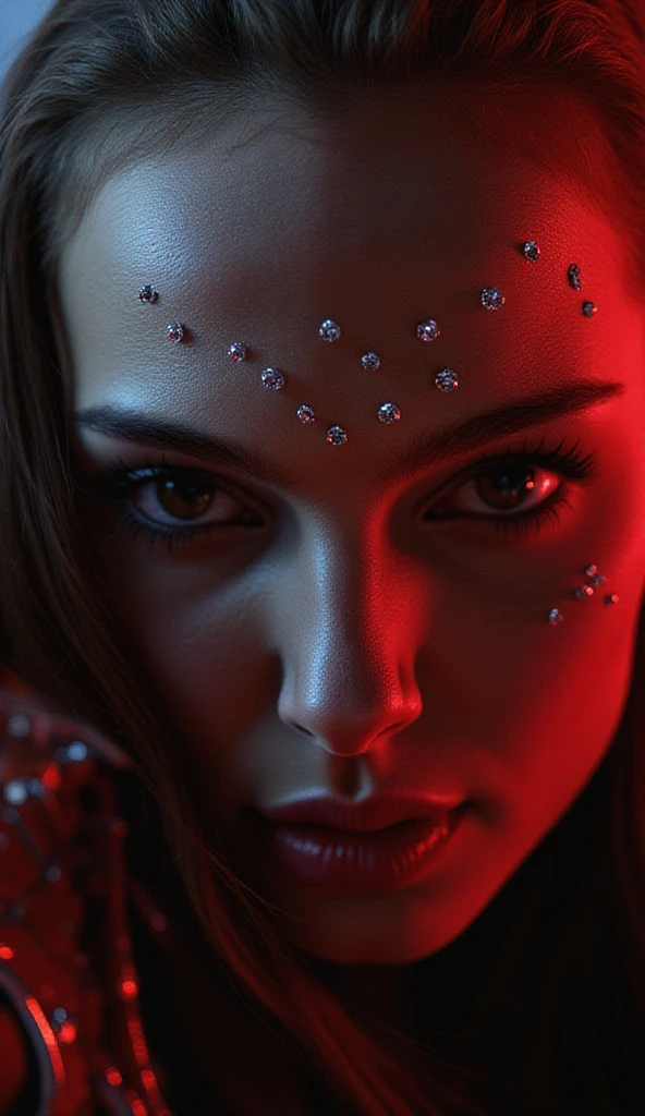 RAW photo of young Greek woman, color photograph, full body ength picture, close up portrait, ((a realistic photo of a beautiful young 18yo girl)), shadows, ((silver wing eyeliner)), (dark lipstick), ((pale iridescent skin)), dark eyes, topless, leaning towards viewer, looking at viewer, sensual, erotic pose, smirk, shy, expressive hair, (dark hair), perfect facial features, perfect realistic skin, high quality, very detailed face, night, small breasts, futuristic model, erotic