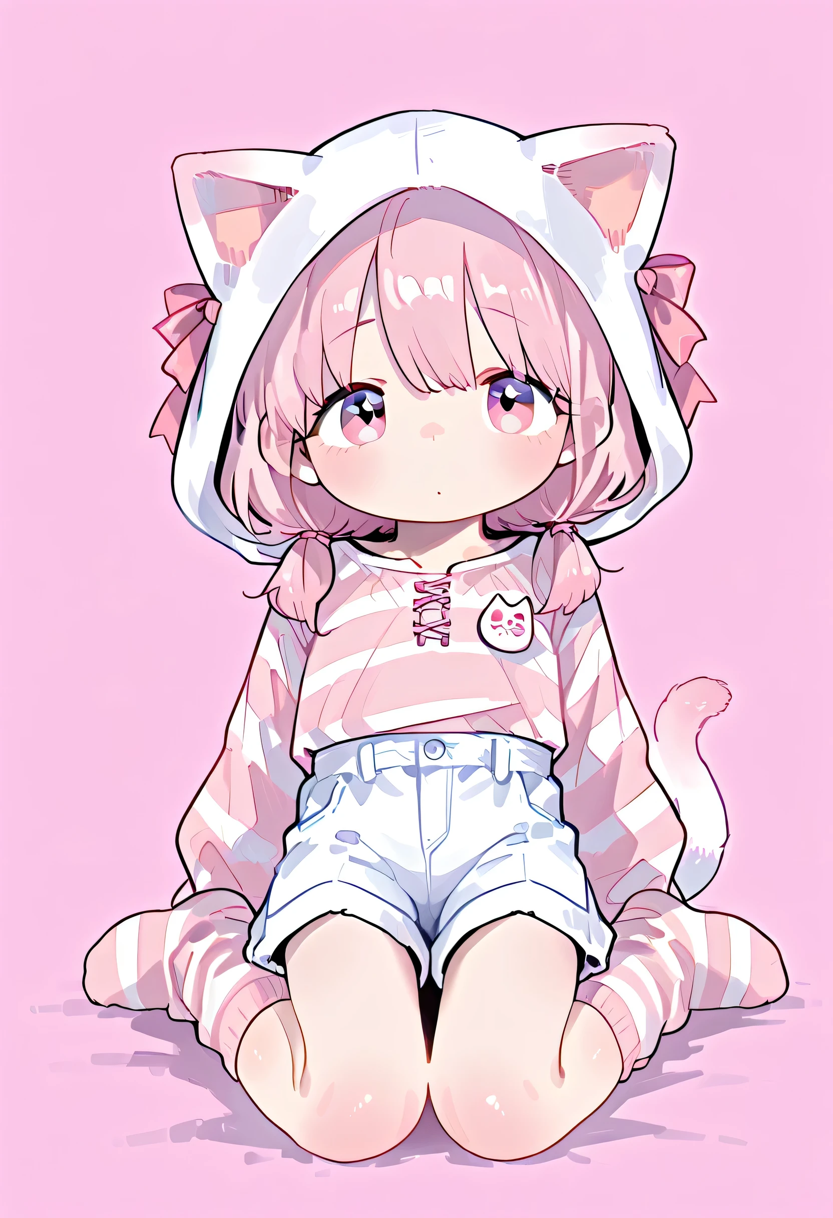 female character, pink eyes, white cat hood with pink bow, pink and white striped long sleeve shirt, white shorts, pink and white striped socks,