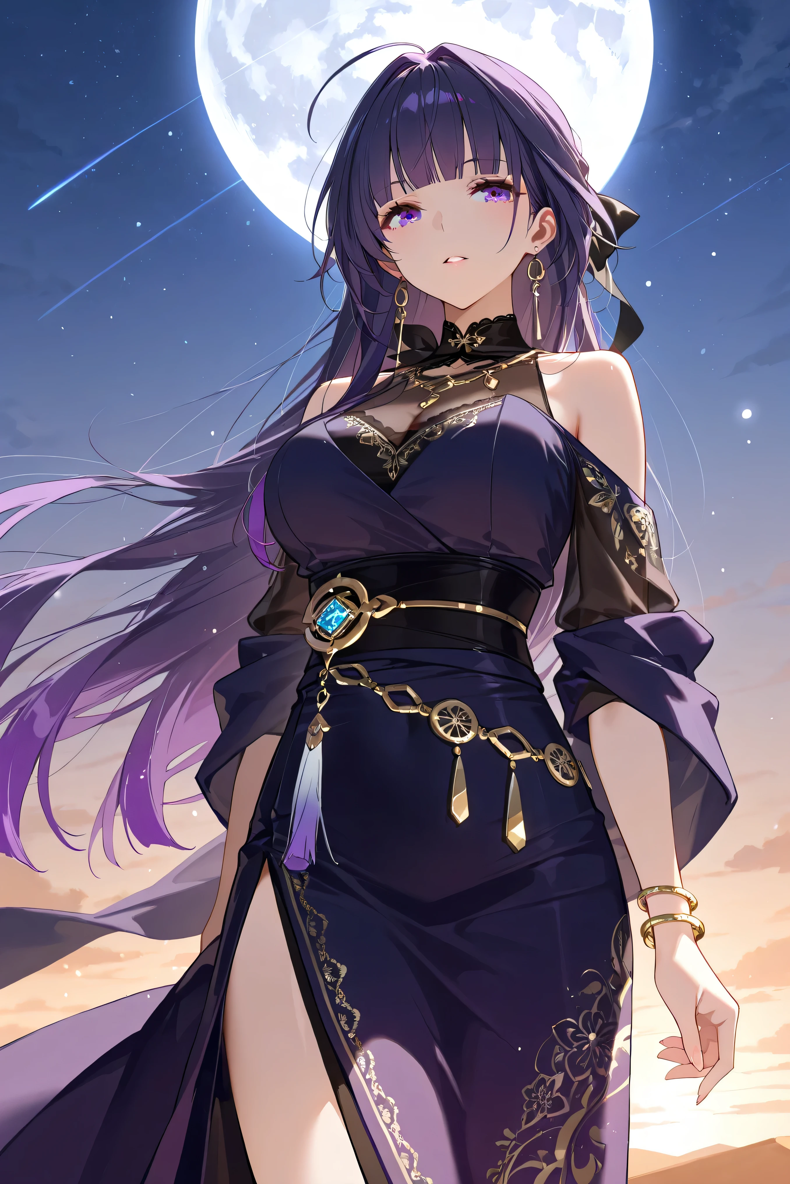 score_9, score_8_up, score_7_up, masterpiece, best quality, very aesthetic, absurdres, tunning image, light particles, attractive image, solo, 1girl, adult grown woman, raiden mei, long hair, purple hair, bangs, purple eyes, blunt bangs, bangs, gradient hair, hair ribbon, masterpiece,best quality,amazing quality, 5 fingers, alternate costume, An anime character in a Moonlit Desert Wanderer outfit, wearing a flowing layered robe with intricate celestial embroidery and shimmering gold threadwork. Beneath, a fitted tunic adds a structured silhouette, while a long scarf drapes around their shoulders, catching the wind for a dynamic effect. Elegant accessories like delicate bracelets and gemstone rings enhance the mystical aura. Standing in the vast desert under a breathtaking starlit sky, illuminated by the soft glow of a full moon, their gaze holds a quiet, mysterious wisdom