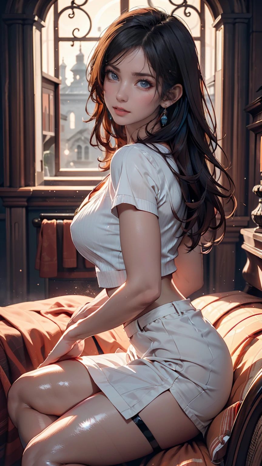Sexy girl, long wavy hair, oversized clothing, bare shoulders, sitting on bed, night time, candles lit 