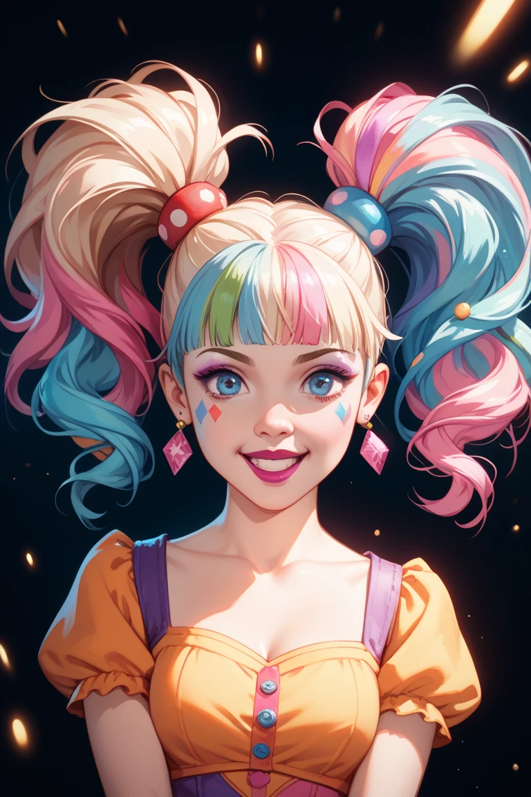 (Extremely detailed and vibrant CG portrait) of Harley Quinn, (showcasing her iconic makeup and mischievous grin), with (colorful hair, including blue, pink, and yellow), wearing her classic jester-inspired outfit. Capture her (playful and unpredictable nature), (surrounded by bold and chaotic elements, like confetti and graffiti), in a (dynamic and energetic pose).