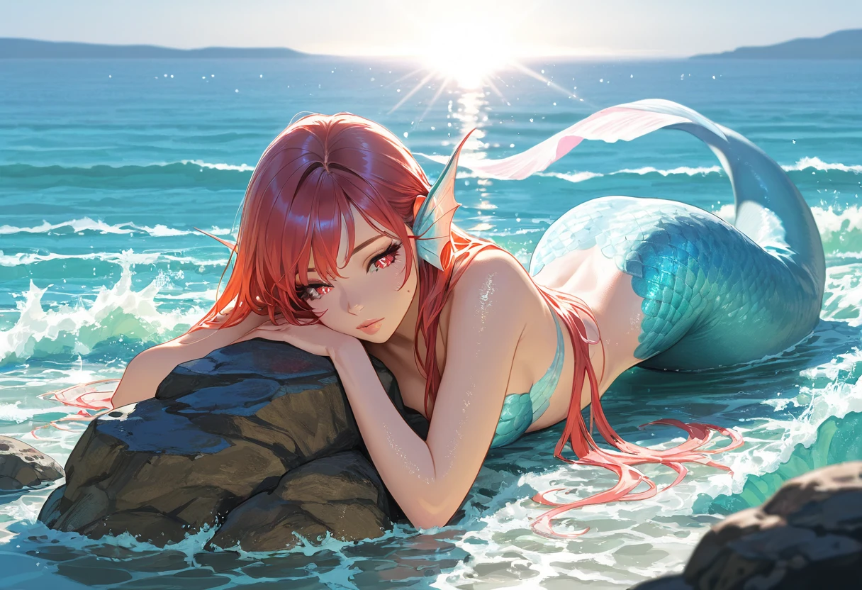 Mermaid anime watching the sunrise lying on a rock