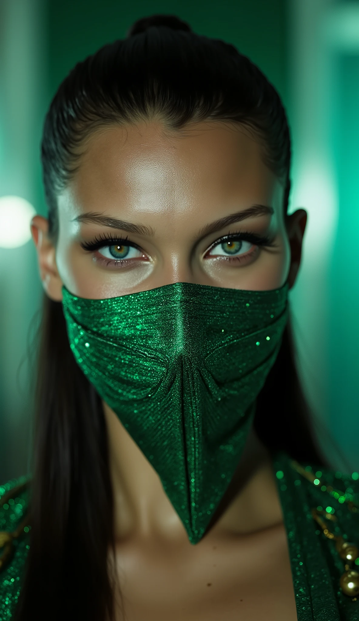 Here is a detailed prompt to generate an image ** super realistic** of Bella Hadid as **jade**, focused **only on the face**, with a brilliant diamond green mask and impactful details:
---
**"Close-up hiper-realista do rosto of Bella Hadid as jade, the agile and lethal killer of * mortal kombat*. She has a confident and mysterious expression , with penetrating eyes that convey cunning and determination. Her diamond-green mask covers part of the face, with intricate details and brilliant reflections that highlight the shimmering material. The mask is adorned with geometric patterns and small gold ornaments that complement your look. The lighting is cool and dramatic , with shades of green and silver, creating strong contrasts between light and shadow. The background is a realistic and mystical setting, with diffuse lights, soft mist and elements of an ancient temple, adding an intense and enveloping atmosphere."**
---
**Extra details for realism:**
- **mask:** Highly detailed design, with diamond reflections, geometric patterns and shiny gold ornaments.
- ** Expression:** looking confident and mysterious, transmitindo a essência astuta e letal de jade.
- **Bottom:** Hyper-detailed textures on the temple walls and the surrounding mist.
Esse prompt combina elementos icônicos de jade com o visual único da Bella Hadid, ensuring a cinematic and immersive result! 🔥