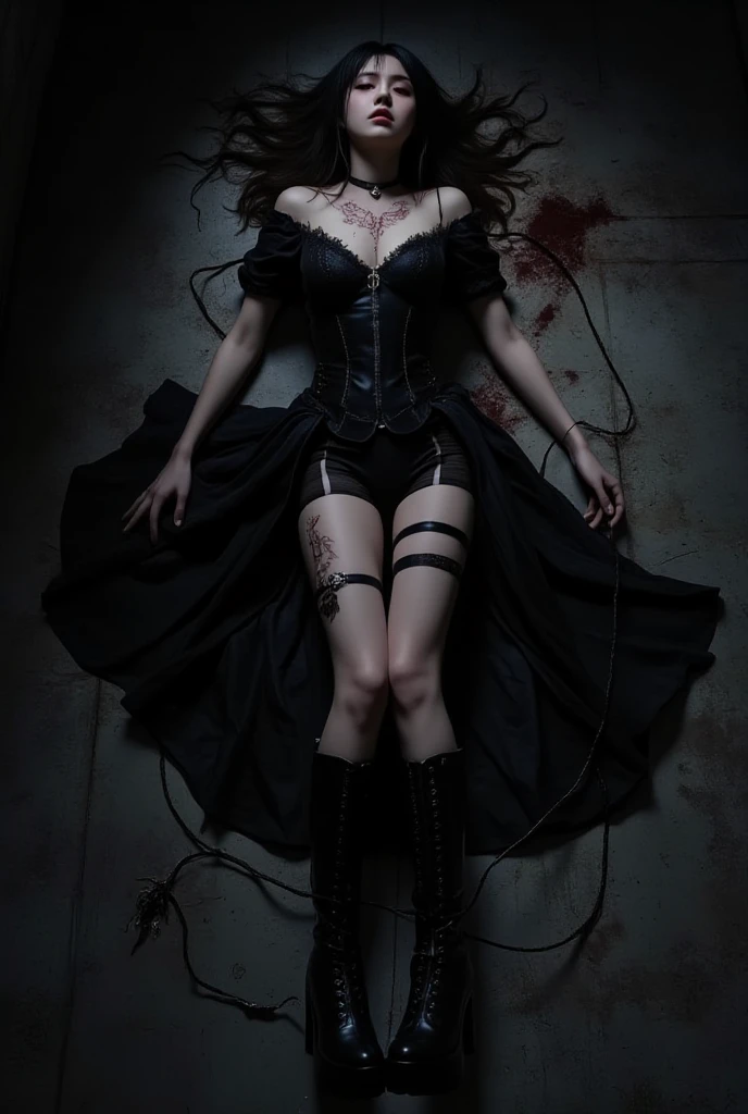 high_quality, highres, beautiful, detailed, (masterpiece, best quality:1.2), absurdres, 8k, HDR,
grunge, retro, woman, flirtyly, haute_couture, lace, chiffon, looking at viewer, black_background, splatter, ribbon,
foot_rubbing_against_leg_pose, standing_on_one_leg, thighhigh_fishnets_with_double_garter_bands, low_angle, dramatic_perspective