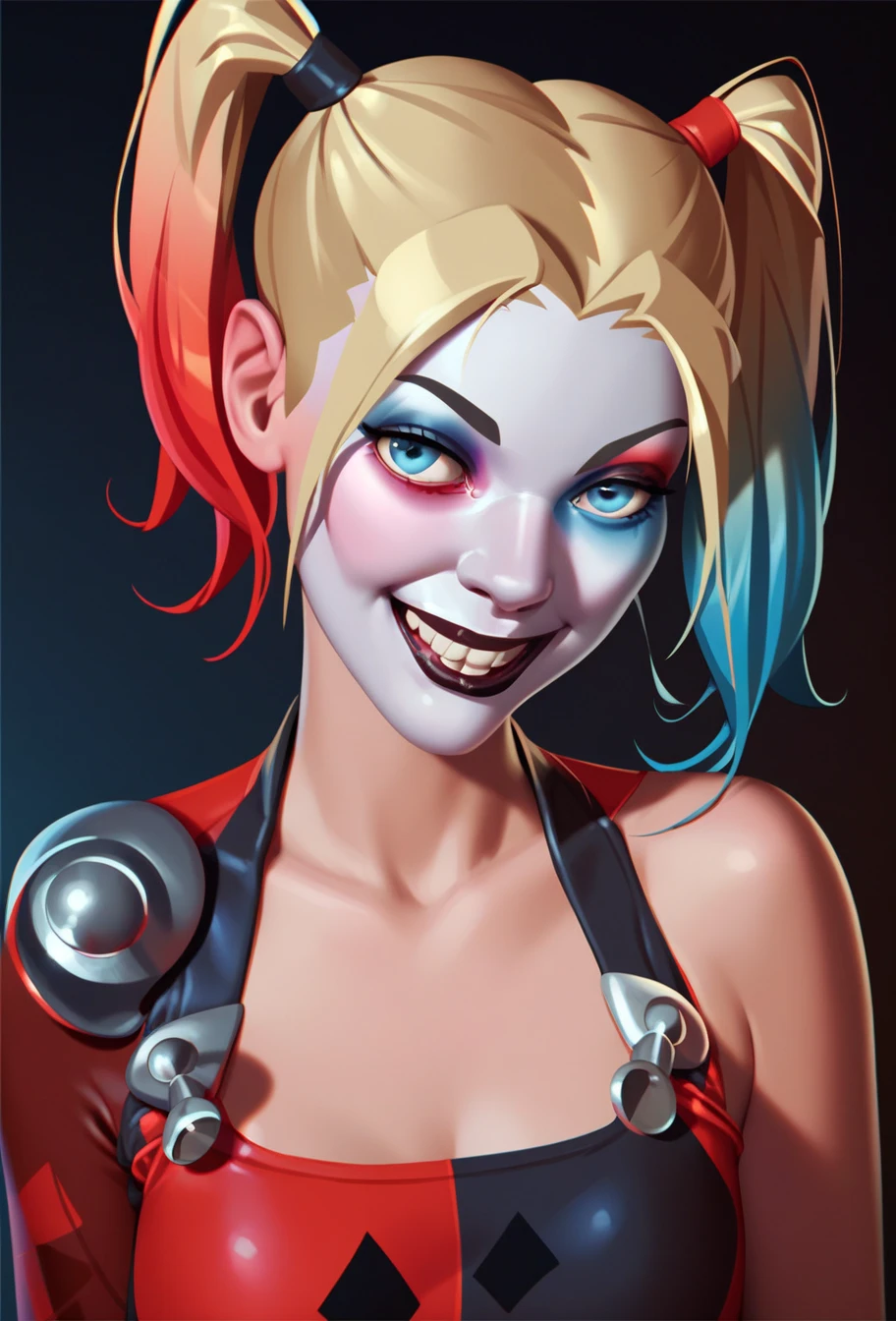 score_9, score_8_up, score_7_up Harley Quinn smile dragon ball z super saiyan  powering up no clothes bare  flirting showing her armpits arms behind her head unshaved underarms