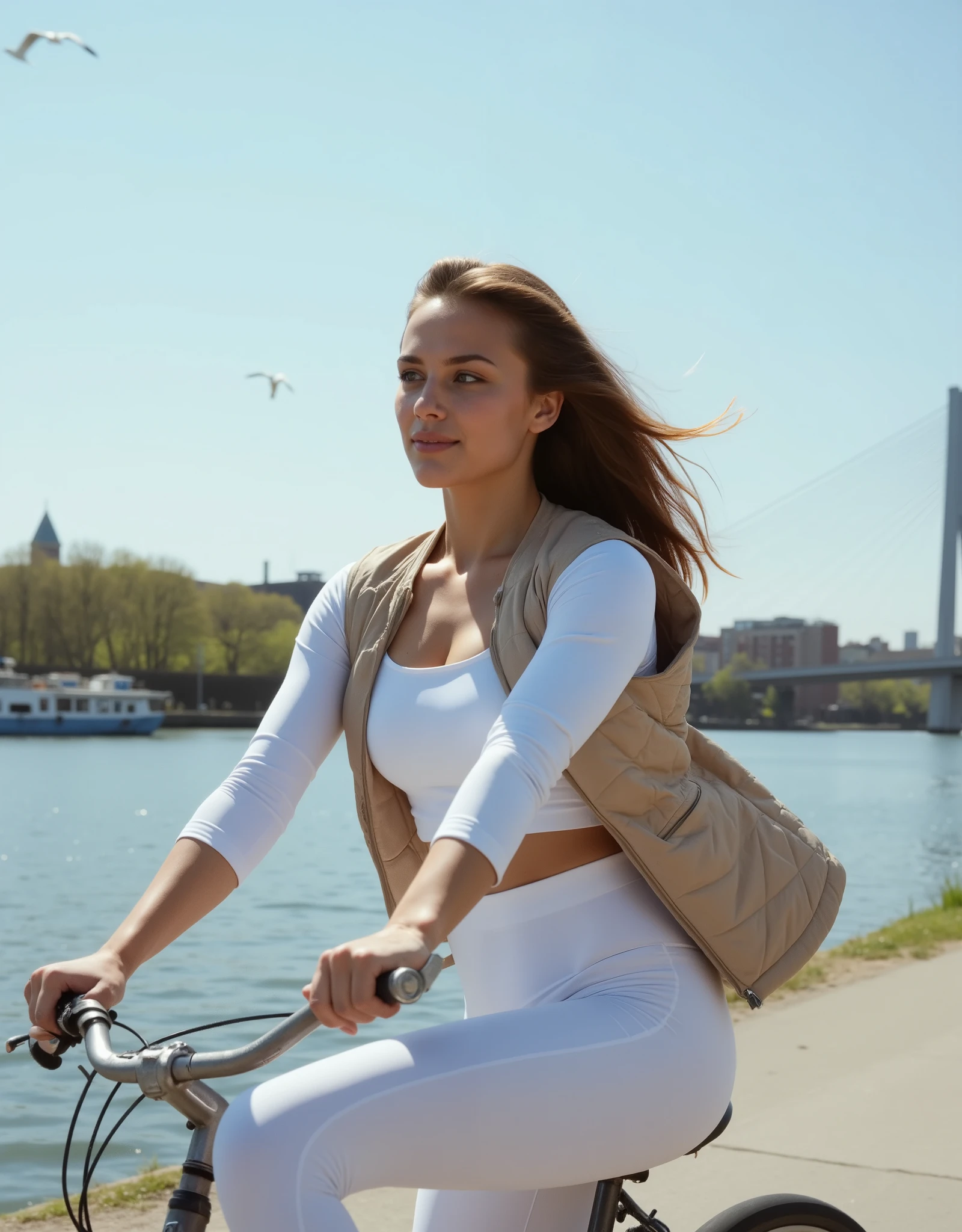 Action shot of Eden, a 23-year-old influencer from Hamburg, riding her bicycle along the Elbe on a cool, But sunny day in March. She wears skintight , white leggings, that accentuates her sporty figure, combined with a simple, figure-hugging white longsleeve and a lightweight, modern beige quilted vest, that protect her against the wind. Their long, dark blonde hair flies back slightly, while looking ahead with a relaxed look. The background shows the wide river under a clear sky. No seagulls in the scene. Ultra-HD, bright and clear, dynamic and fresh, cinematic urban nature aesthetic."