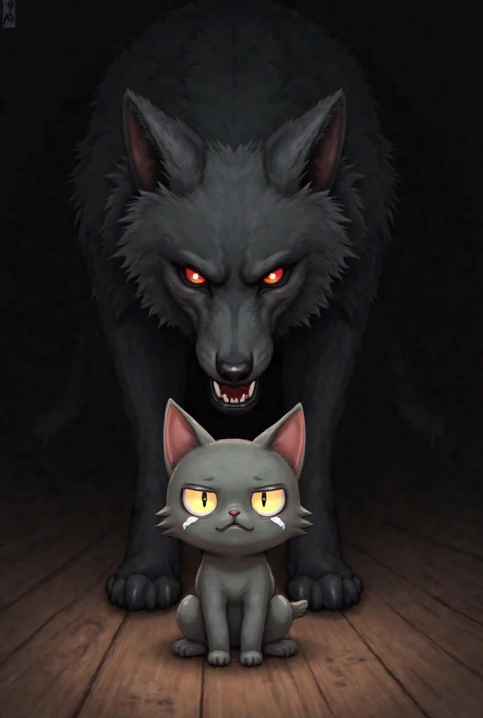 In a dark haunted house, horror, fear, monster shadows ,(Pitch black) , holding back pee
