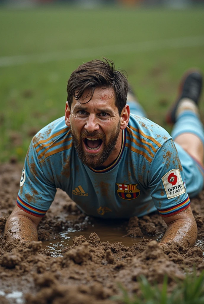 full body view, one young white european cute Soccer college boy with undercut clean shaved haircut , in muddy burgundy soccer jersey, muddy white soccer shorts, in his muddy long high white soccer socks, no shoes, lying, stuck in mud, terrified, screaming, his muddy socks must be seen