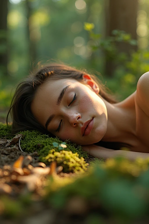 Little naked girl sleeping in the forest