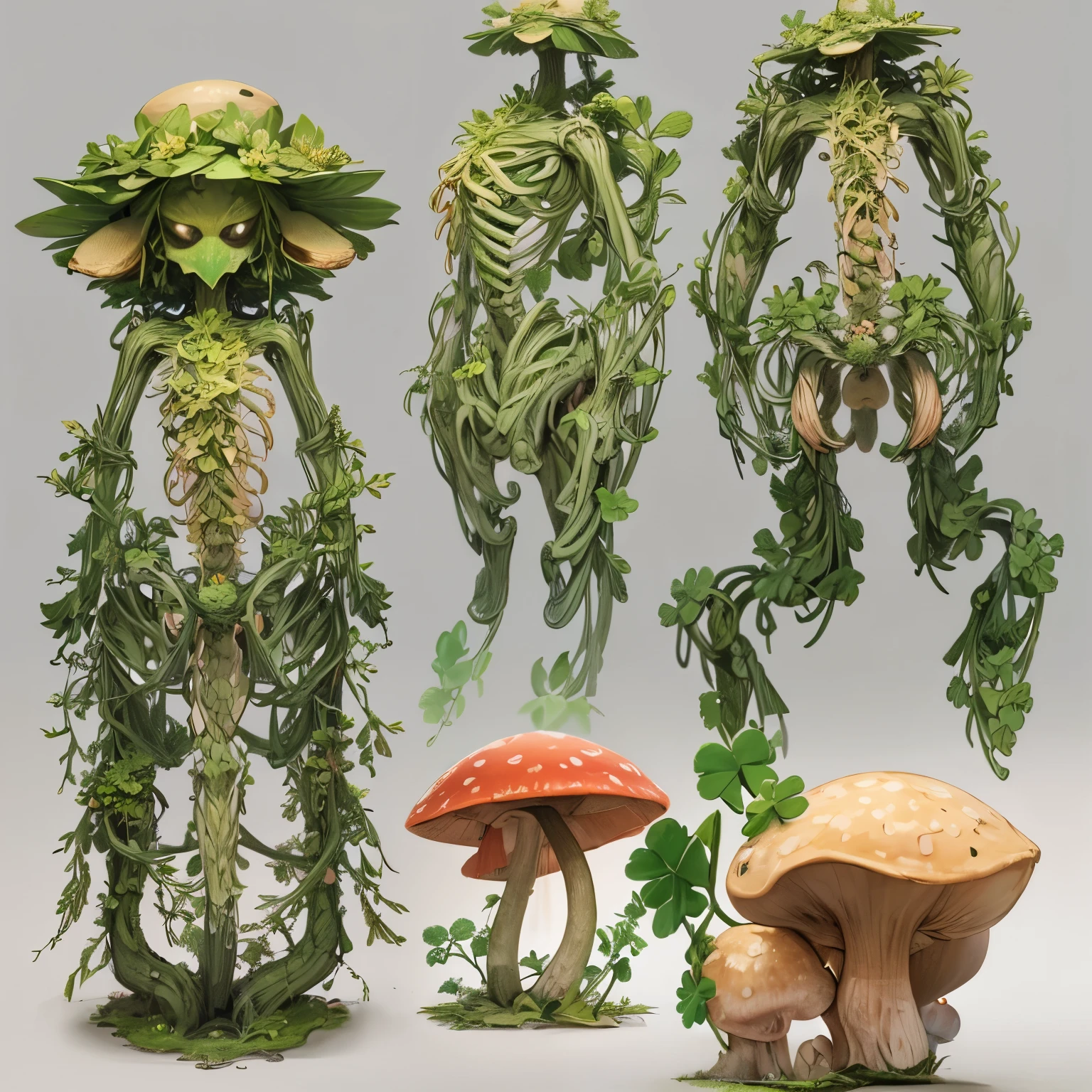 Create a humanoid carnivorous creature:where it would be your head is a mushroom and the creature's trunk is a flower stem, Are the creature's arms flower petals, The feet are small shamrocks,Multiple views, simple bottom,