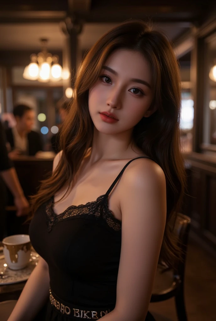 masterpiece, Highest quality, Realistic, Very detailed, Finer details, High resolution, 8k wallpaper, One beautiful woman, Wear an elegant see-through shirt, In a great restaurant, At night, Light brown messy hair, Perfect dynamic composition, Beautiful and beautiful eyes、Big earrings、Sit on a chair、Her cleavage is visible、I see a blue bra、35 Talent、