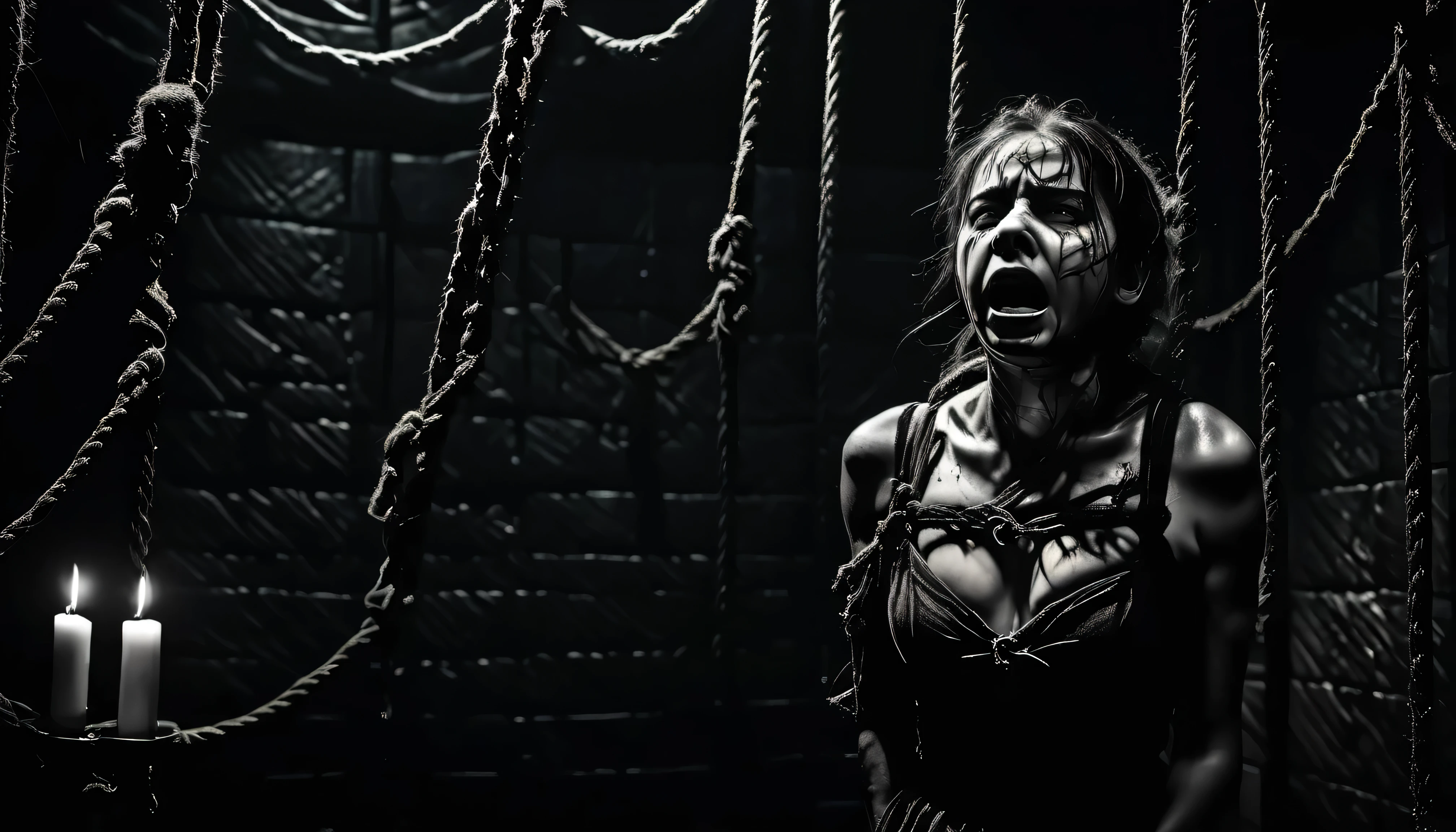 Girl chained up, wearing chain thong, sweating, face hidden. She is in an old boiler room, low angle, from behind, depth of field, film grain, vignetting, bloom, dutch angle, from behind, lens flare, 4K