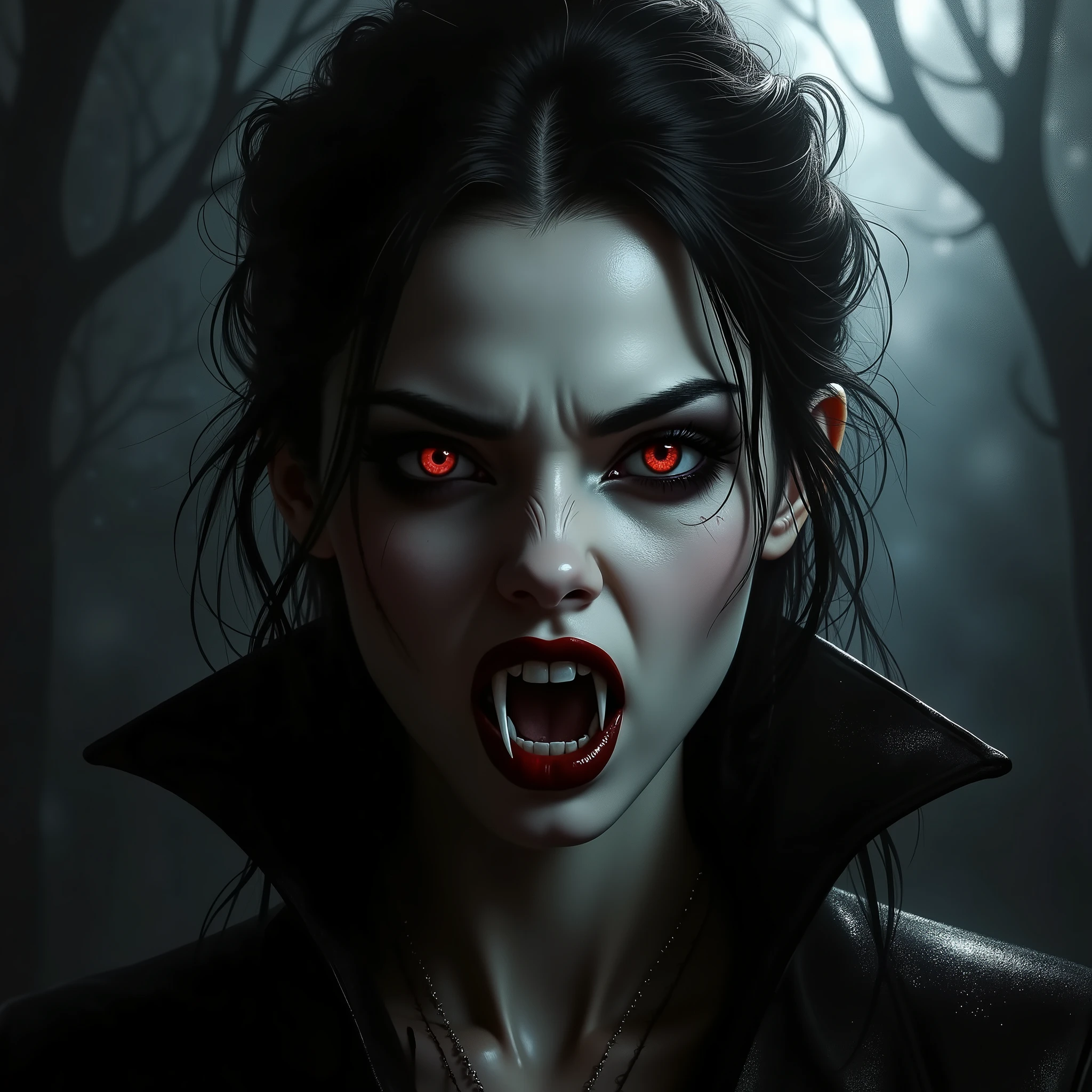 Dark Fantasy Art of Diffused Light fill light
a vampire woman with vampire's fangs teeth with a creepy face and a creepy hair vampire style
dark, moody, dark fantasy style