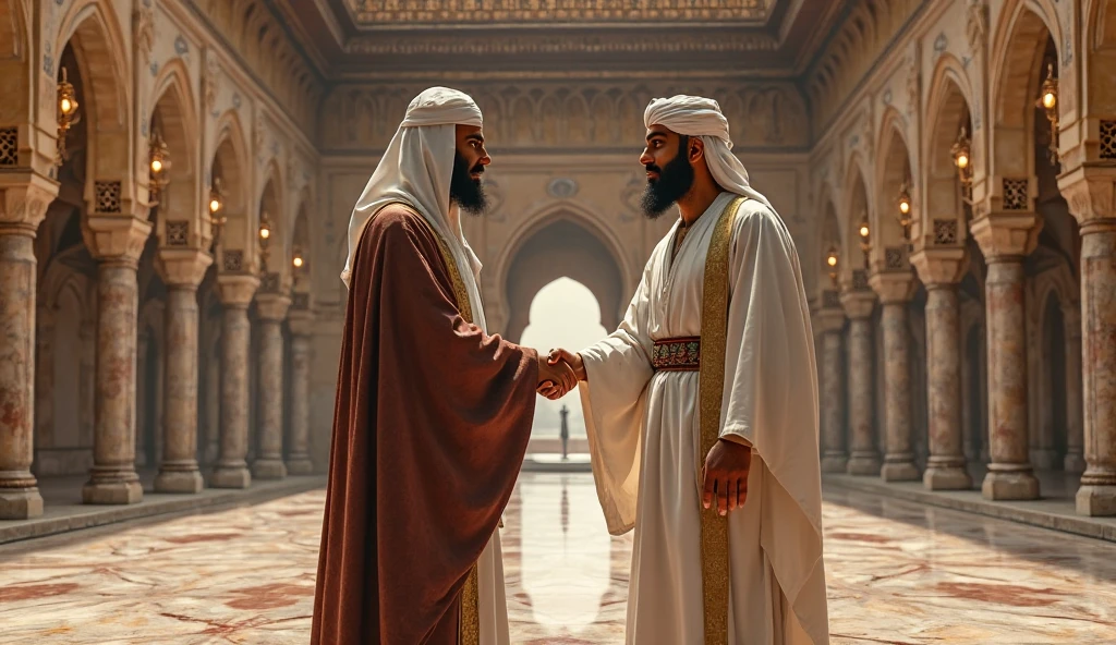 give me 2 Arabs standing in astral temple with nature seeing money
