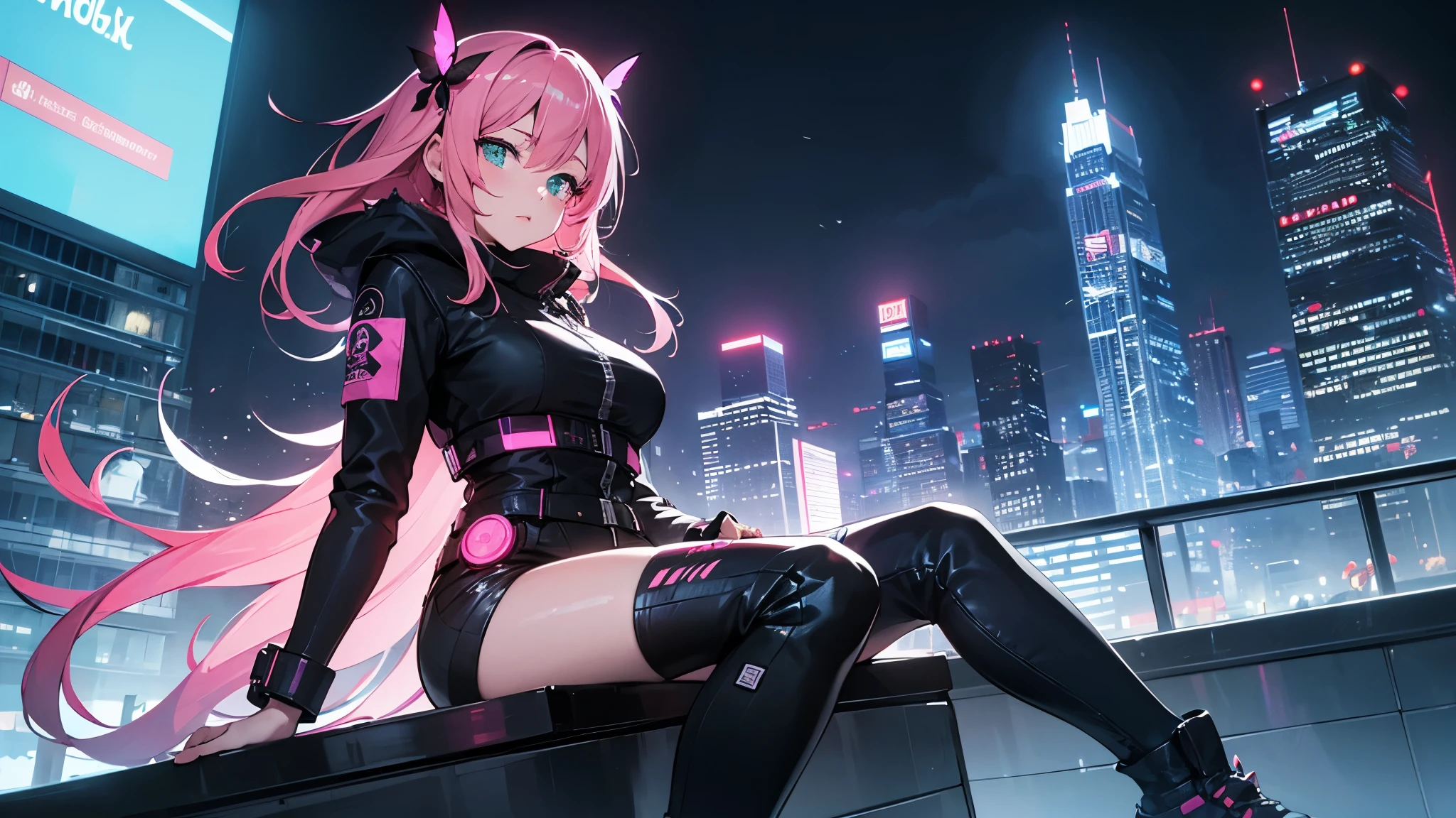 1 Asian girl, 25 year old, pink hair, green eyes, white skin, big , nice body shape, smile, sitting on the road, portrait, black leather jacket, white t shirt, short black skirt, realistic drawing, rendered in unreal engine 5, high quality, background in the middle of street, cyberpunk city, neon lights, night time, shatter speed