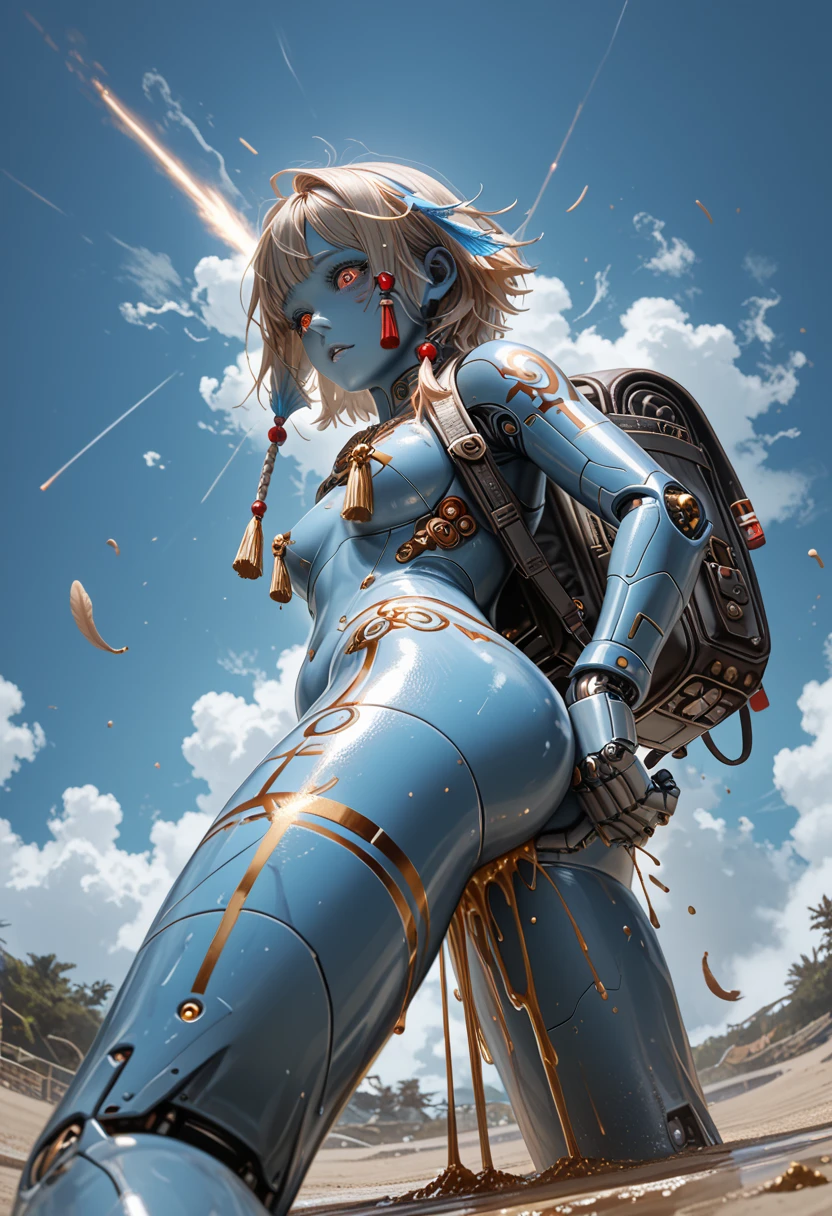 A robot that lands, female android , put 1hand on ground, mixed color, multiple color, red and blue body, glitter body, shockwave for around on ground, sand smoke, jet fire from backpack, naked frontal, ass beads, ((tassels with nipple Pastie)), leaking oil, Overflowing oil, scattering oil, splash oil, oil on ground, ((((from below view)))), from front, sex, ((static shock line)), steaming, feather on oil pool,1r3zum1, chest tattoo, gold filled cracks, kintsugi cracked skin,