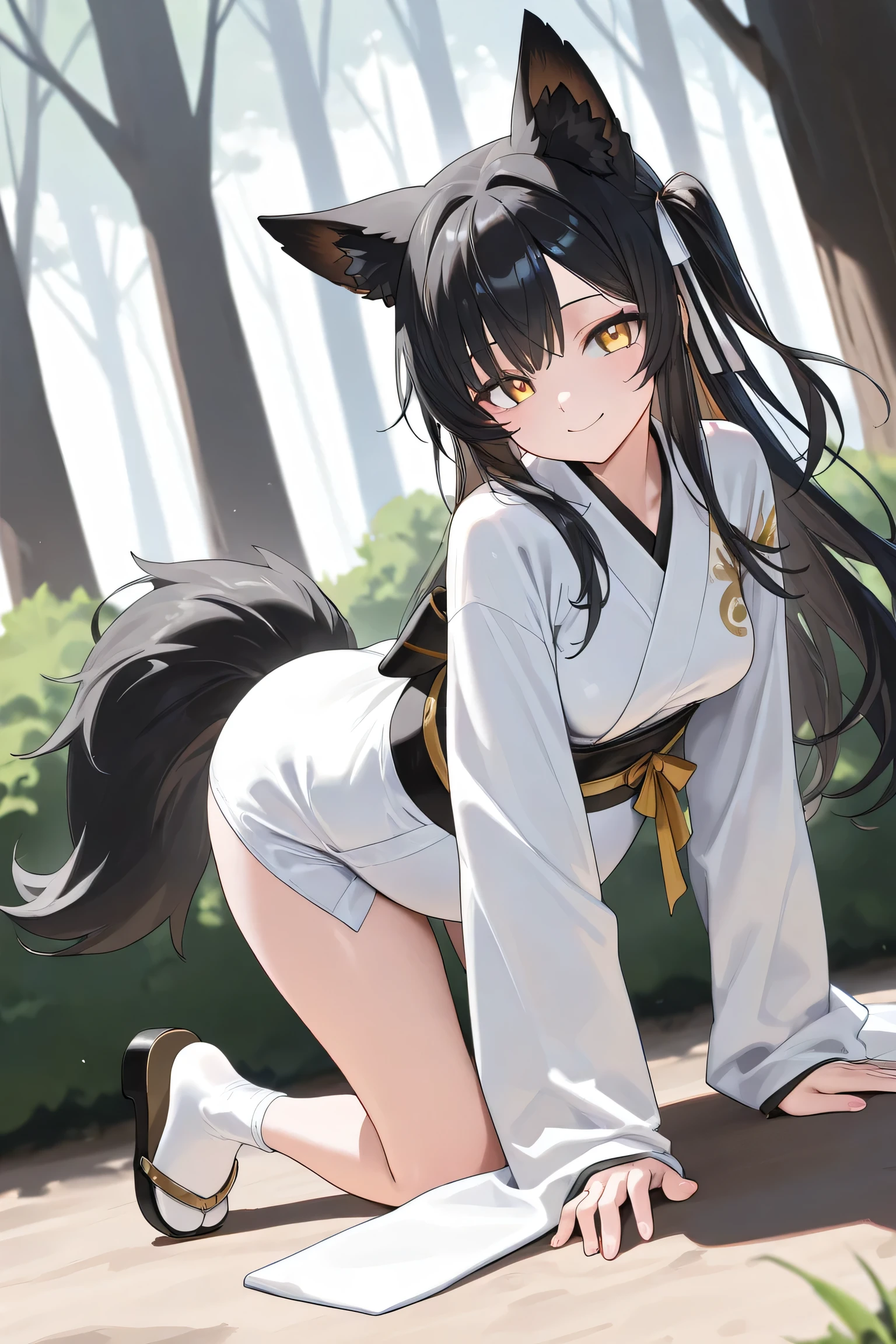 8k, highres, ultra detailed, (masterpiece:1.4),, 1girl , all fours , ass , camisole , feet , fox ears , fox girl , fox mask on head, from behind , hand to own mouth , long hair , looking at viewer , looking back , monochrome , no shoes , panties , see-through , soles , solo , strap slip , thighhighs , thighs , underwear,nagato (azur lane)