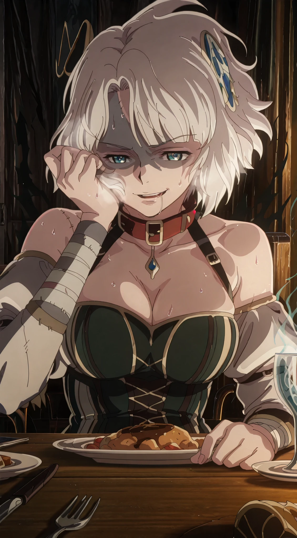 twotr, anime coloring, anime-style, anime screencap, detailed background, vignetting, masterpiece, high quality, absurdres, best quality, very aesthetic, newest, dynamic composition, anatomical correct, HD, 4K, digital art, trending on ArtStation, perfect body, perfect eyes, perfect fingers, gasping, heavy breathing, excessive sweating, sweating, sweating profusely, gasping profusely, cinematic, ((skindentation)), ((voluptuous)), meteora osterreich, white hair, short hair, blunt bangs, hair ornament, blue eyes, bright pupils, ((white outline)), (aura), (black aura:1.2), 1girl, stitches, breasts, fork, solo, cleavage, smirk, looking_at_viewer, food, scar, knife, patchwork_skin, sitting, plate, collar, stitched_face, object_through_head, table, cup, bare_shoulders, zombie, parted lips, drooling, saliva, shaded face, upper teeth, hand_on_own_face, drinking_glass, corset, bandages